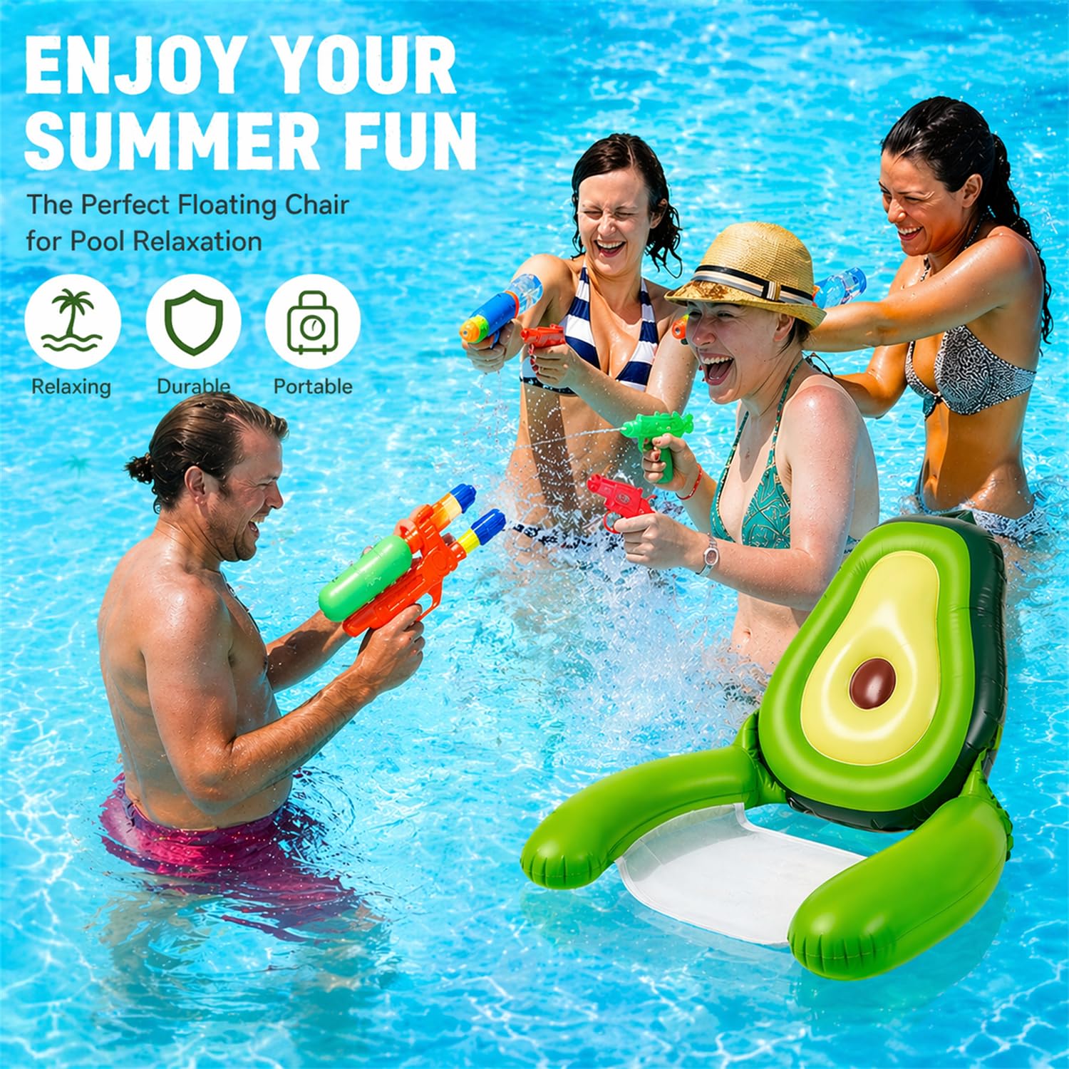 Poltrona Galleggiante Gonfiabile a Forma di Avocado per Piscina, Sedile in Rete con Braccioli, Galleggiante da Acqua per Adulti, Spiaggia, Lago, Party e Relax Estivo