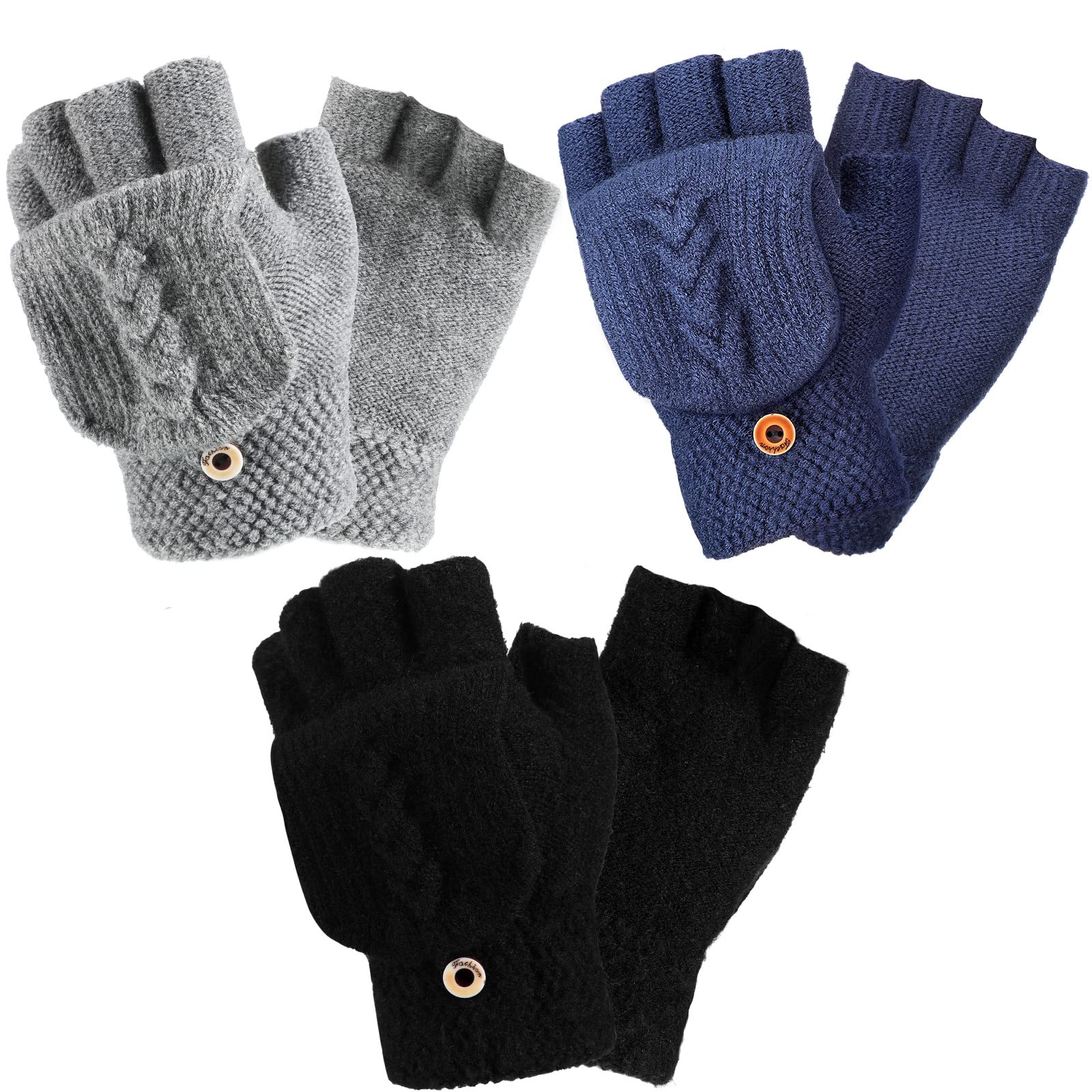 Hicarer 3 Pairs Kids Winter Fingerless Gloves Mittens Aged 12-18 Convertible Flip Top Warm Knit Gloves for Child Boys Girls