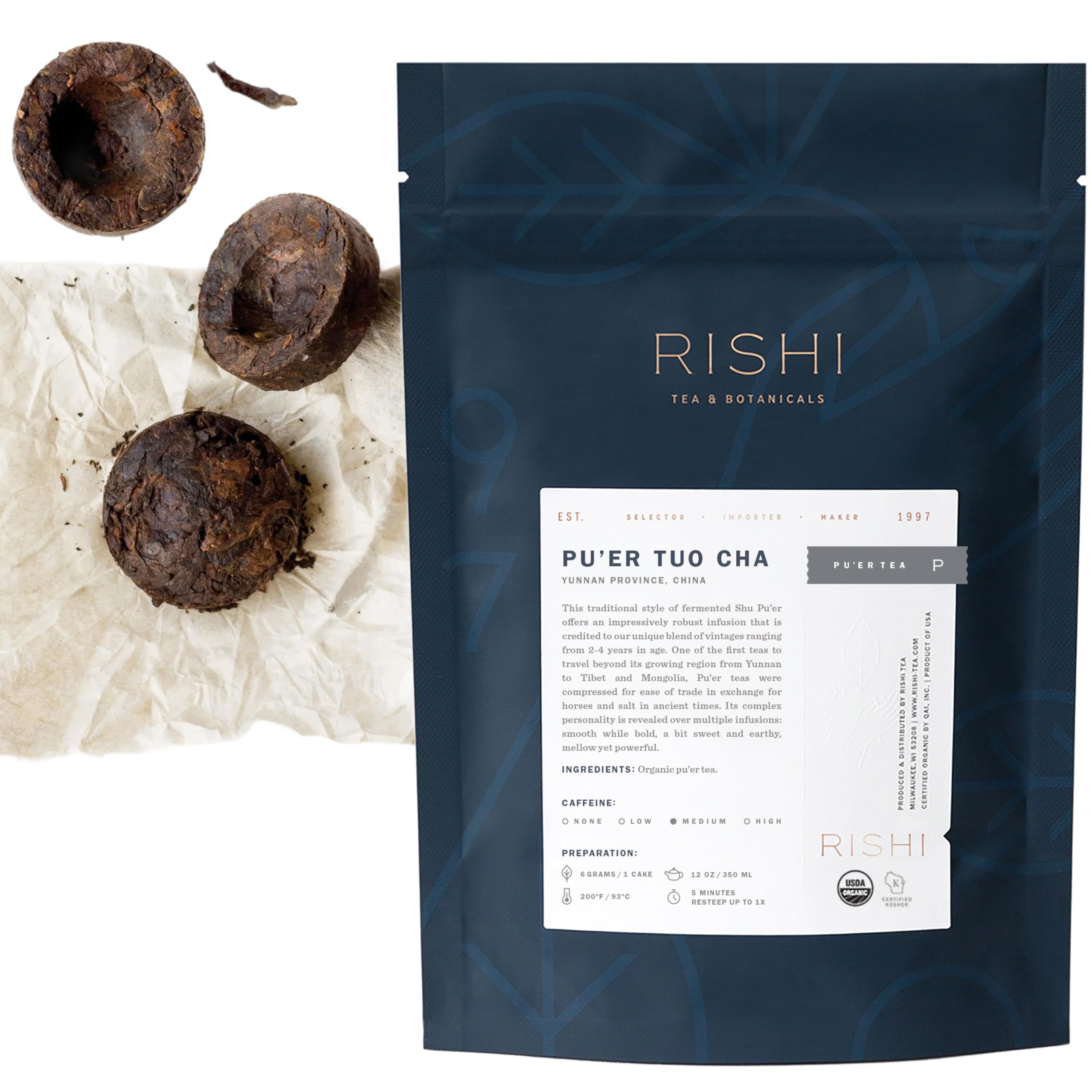 Rishi Tea Ancient Pu'er Tuo Cha Herbal Tea - Organic Direct Trade Loose Leaf, Medium Caffeine Aged Ripe Pu-erh - 4 Ounces, 15 Servings