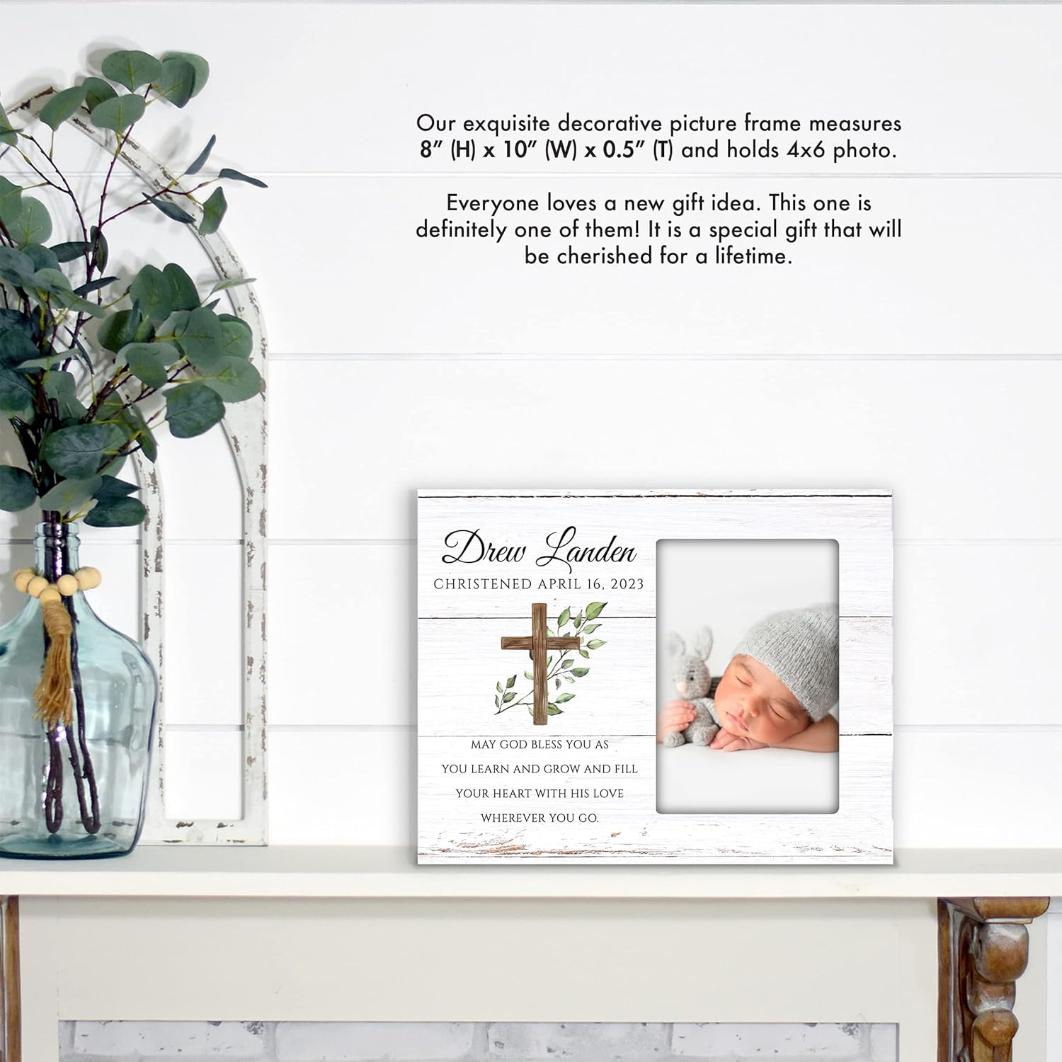 LifeSong Milestones Personalized Baptism Christening Picture Frame - Godparents & Baby Dedication Keepsake holds 4x6 photo