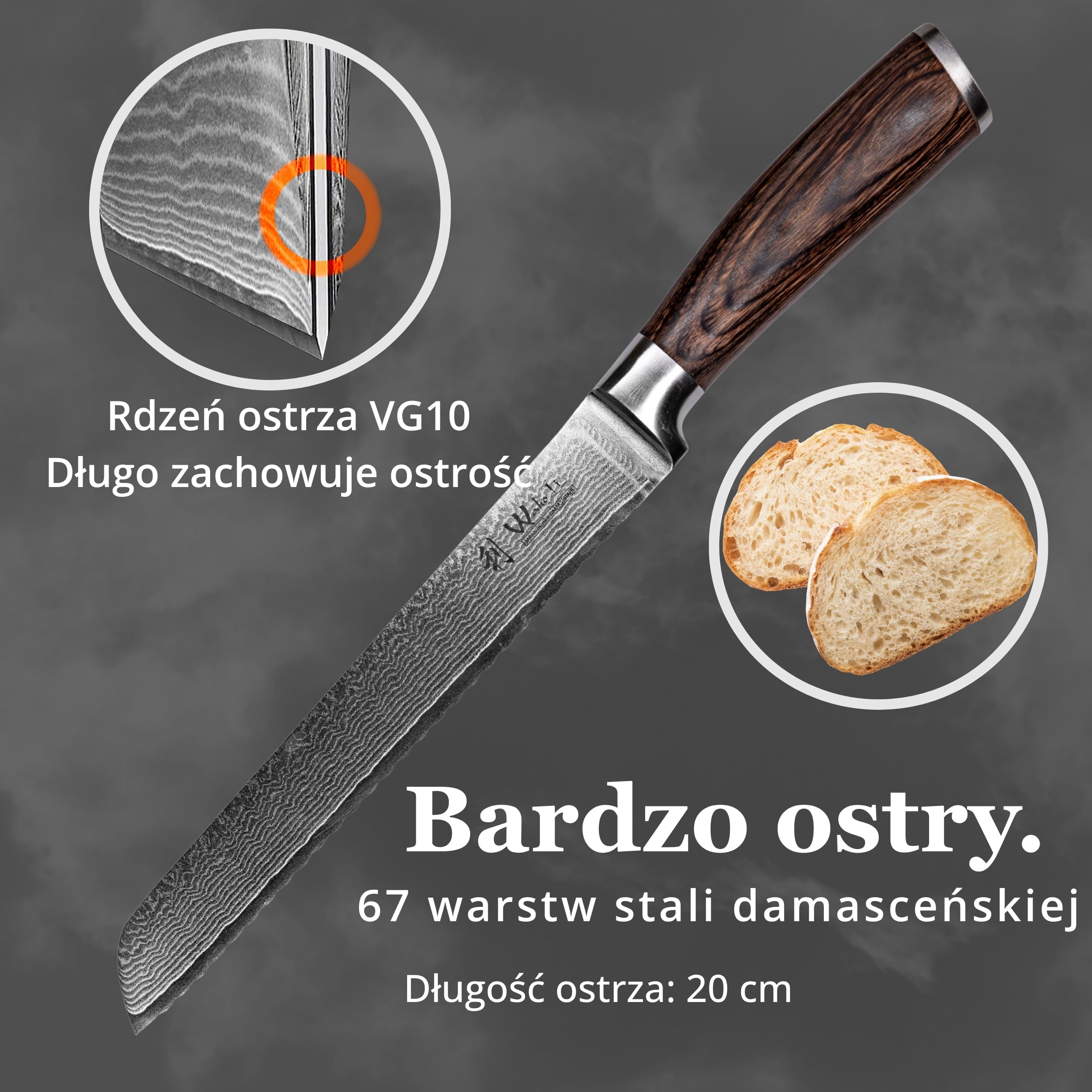 Wakoli EDIB nóż do chleba z ząbkowanym ostrzem ze stali damasceńskiej z rdzeniem VG10, ostrze 20 cm, ergonomiczna rękojeść z drewna Pakka, w pudełku prezentowym, do pieczywa i chrupiącej skórki