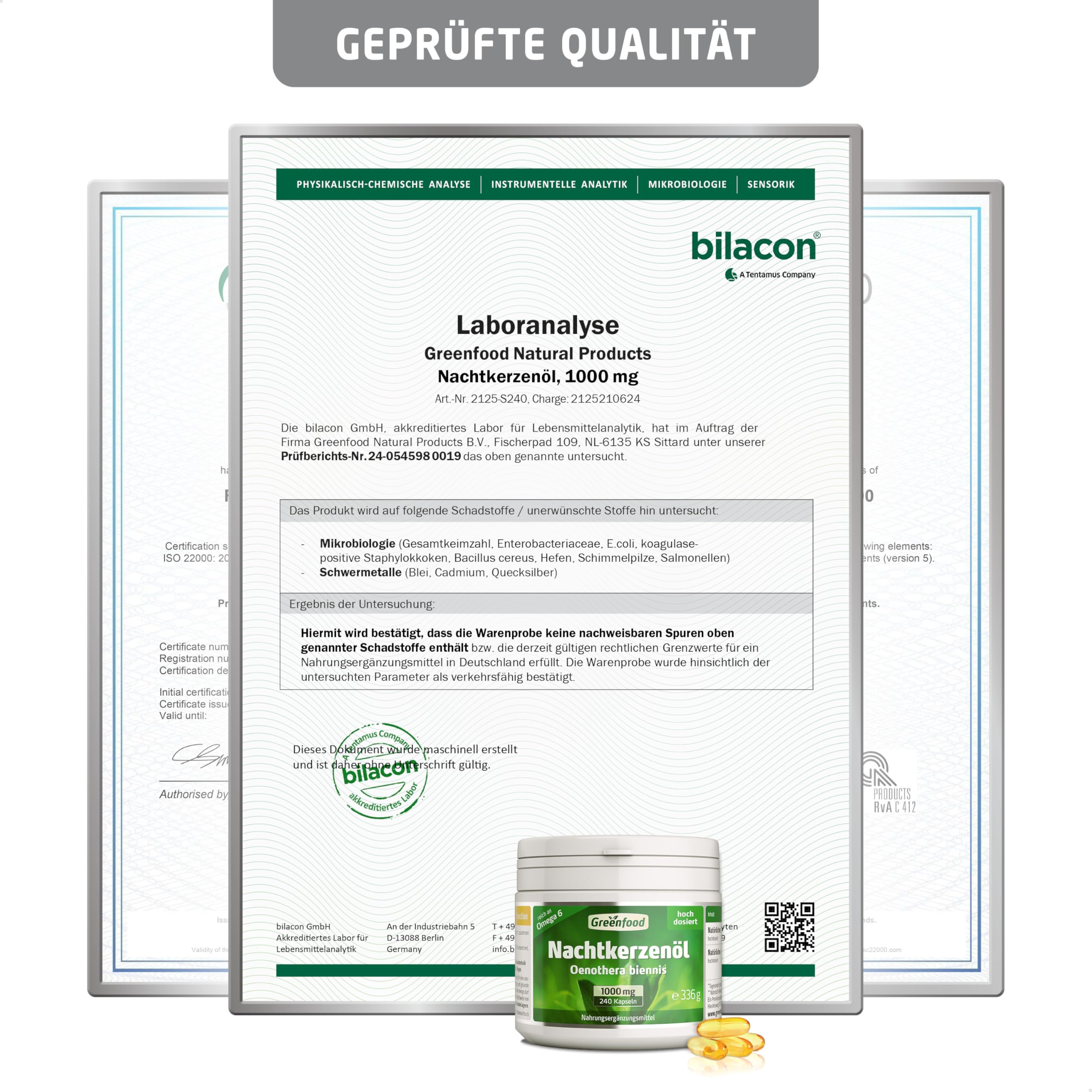 Nachtkerzenöl Kapseln, hochdosiert, 1000mg - 240 Softgels. Reich an Omega-6 (GLA) und natürlichem Vitamin E (Zellschutz). OHNE künstliche Zusätze - laborgeprüft. Von Greenfood.