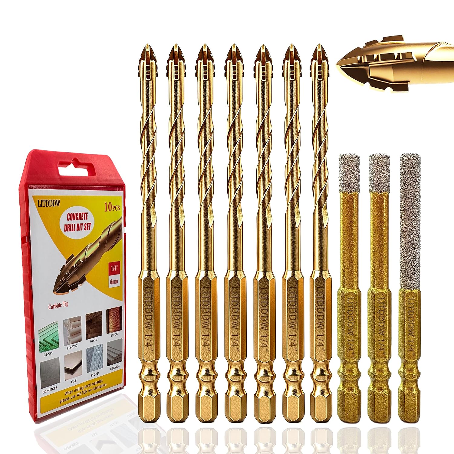 10pcs 1/4" Masonry Drill Bit and 1/4" Concrete Drill Bit, 3 Different Types | Includes Diamond Drill Bits, Tungsten Carbide Drill Bit for Brick/Plastic/Ceramics/Tile/Marble, Bath & Kitchen, Hex Shank