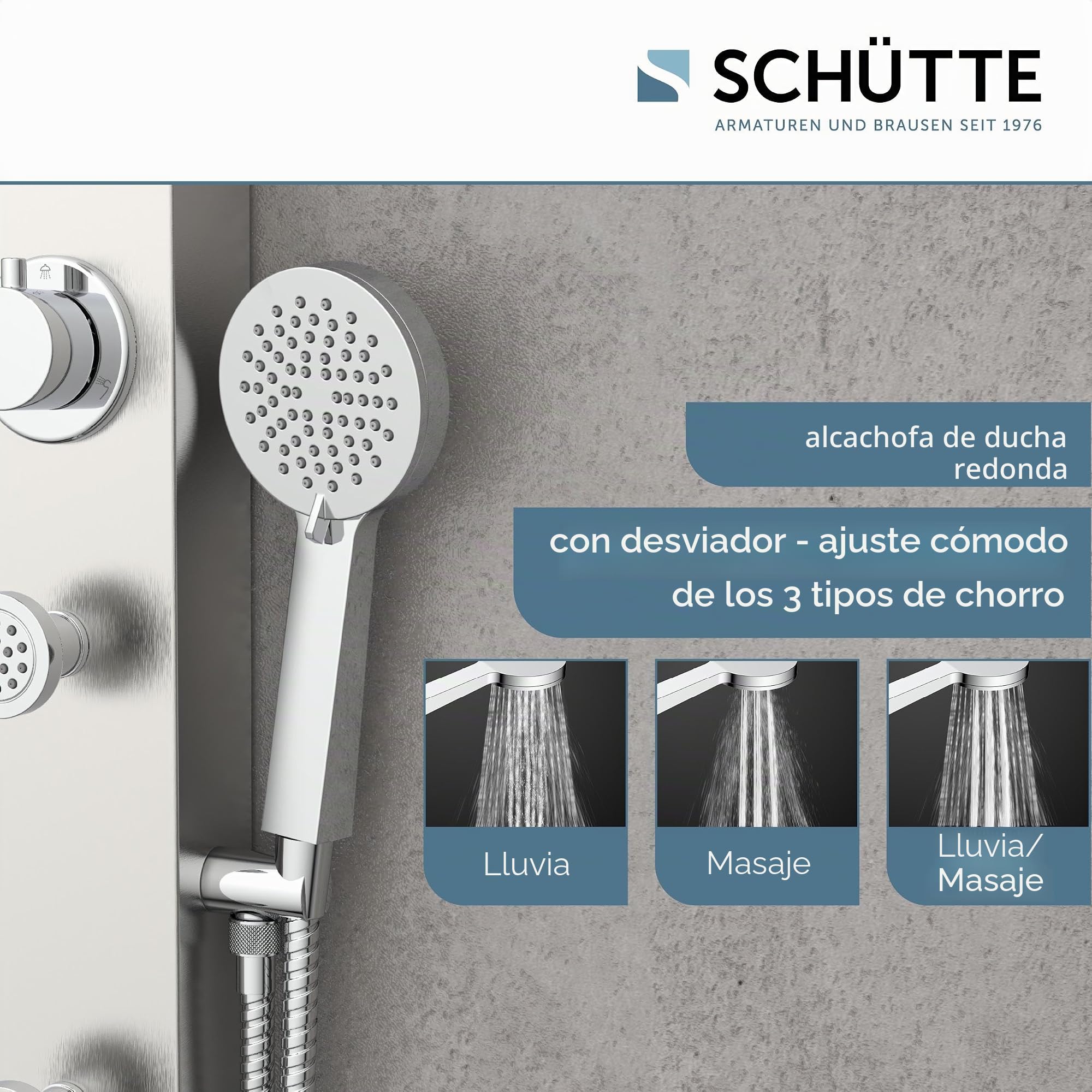 SCHÜTTE Sansibar 60085 Panel de ducha de acero inoxidable sin grifo, sistema de ducha con ducha de lluvia, soporte de pared y alcachofa de mano, juego completo de ducha para la ducha