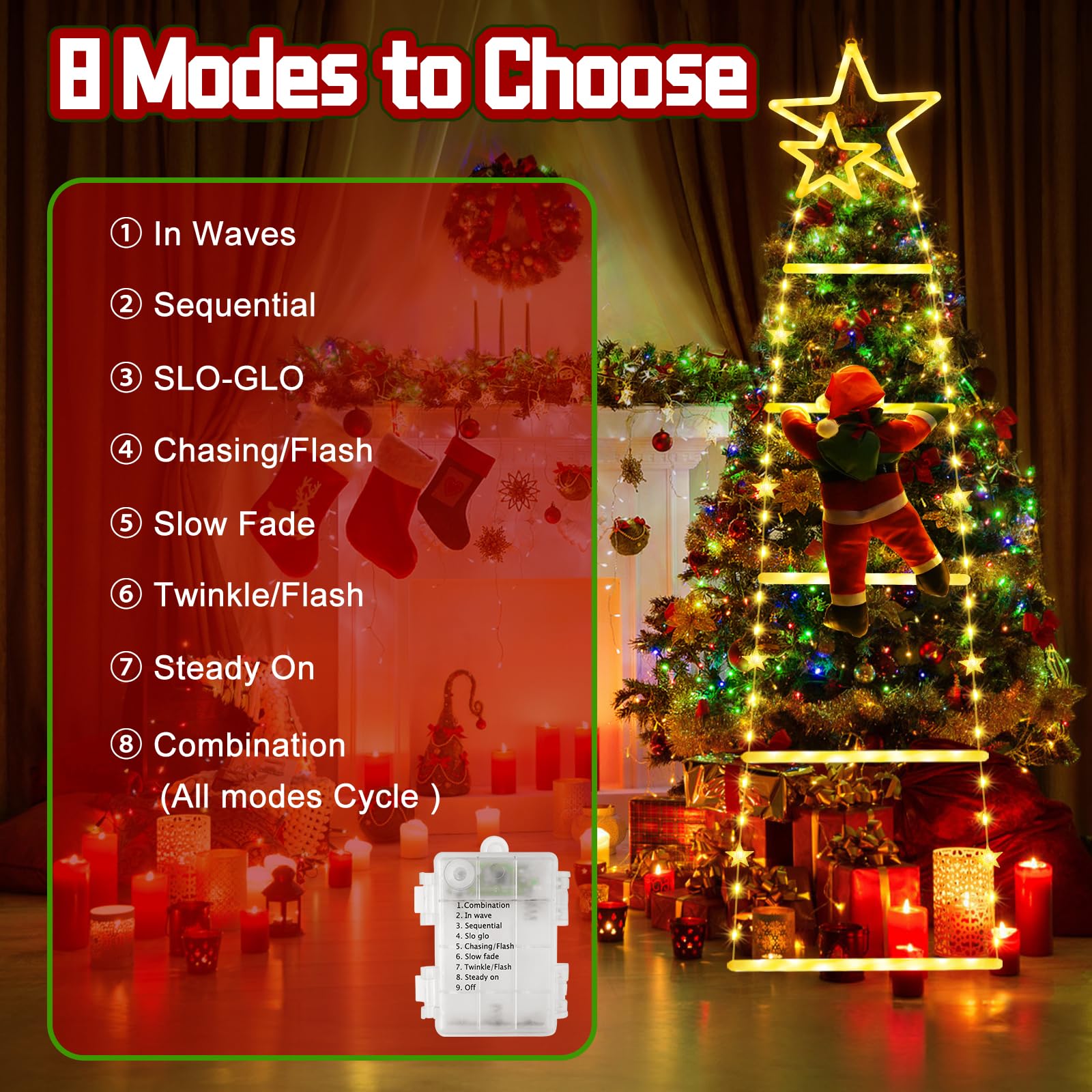 Possily 1.0M Luci per Scale Decorative Natalizie a LED, Luci Decorative Natalizie con Babbo Natale, 8 Modalità e Funzioni Timer, Adatte per Interni, Finestre, Alberi di Natale, Giardini, Bianco Caldo