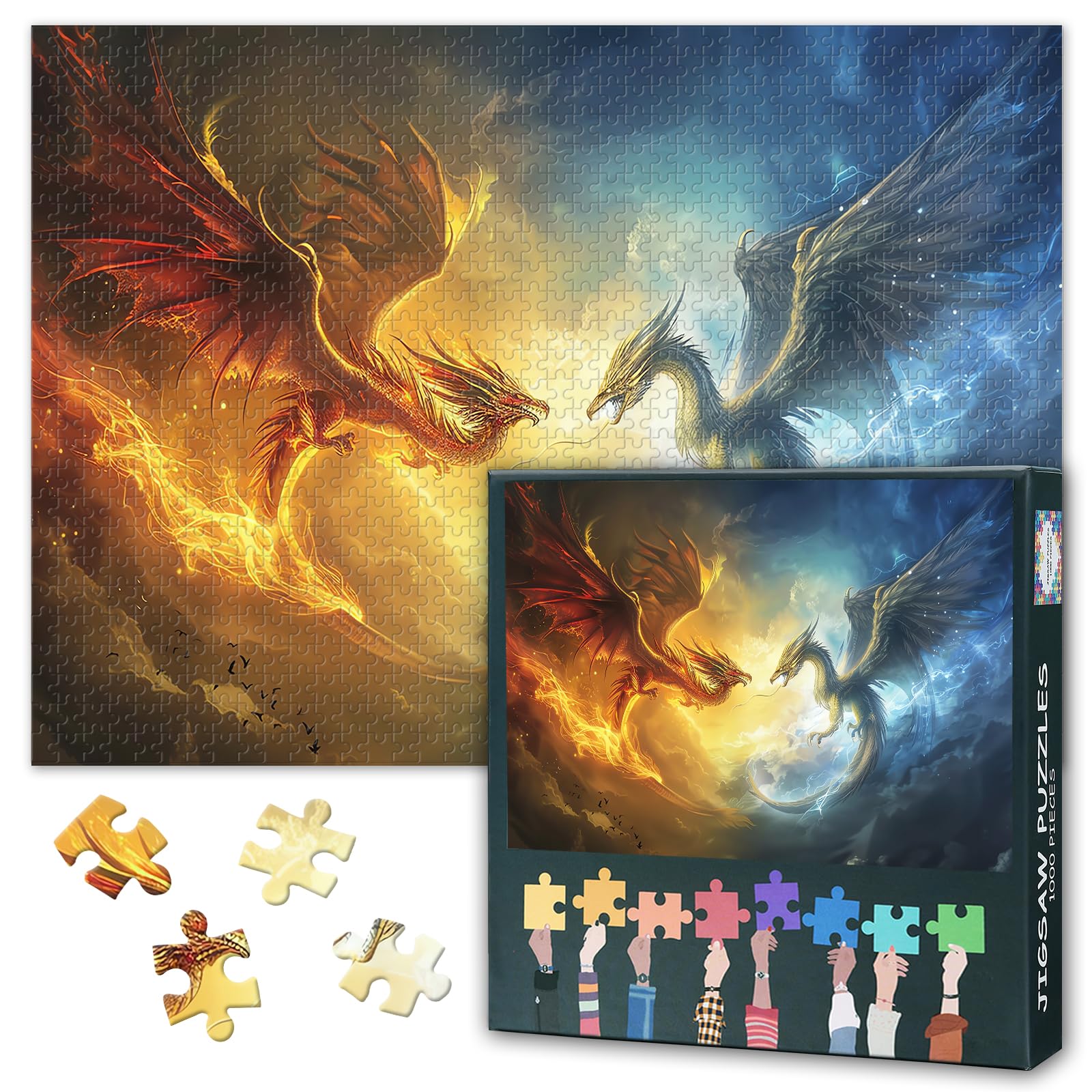 Puzzles for Adults 1000 Pieces, Red Dragon and Frost Dragon Face Off in the Clouds Jigsaw Puzzles, Adult Puzzle for Adults, Educational Fun Games or Toys for Elders Friends 20X27 INCH