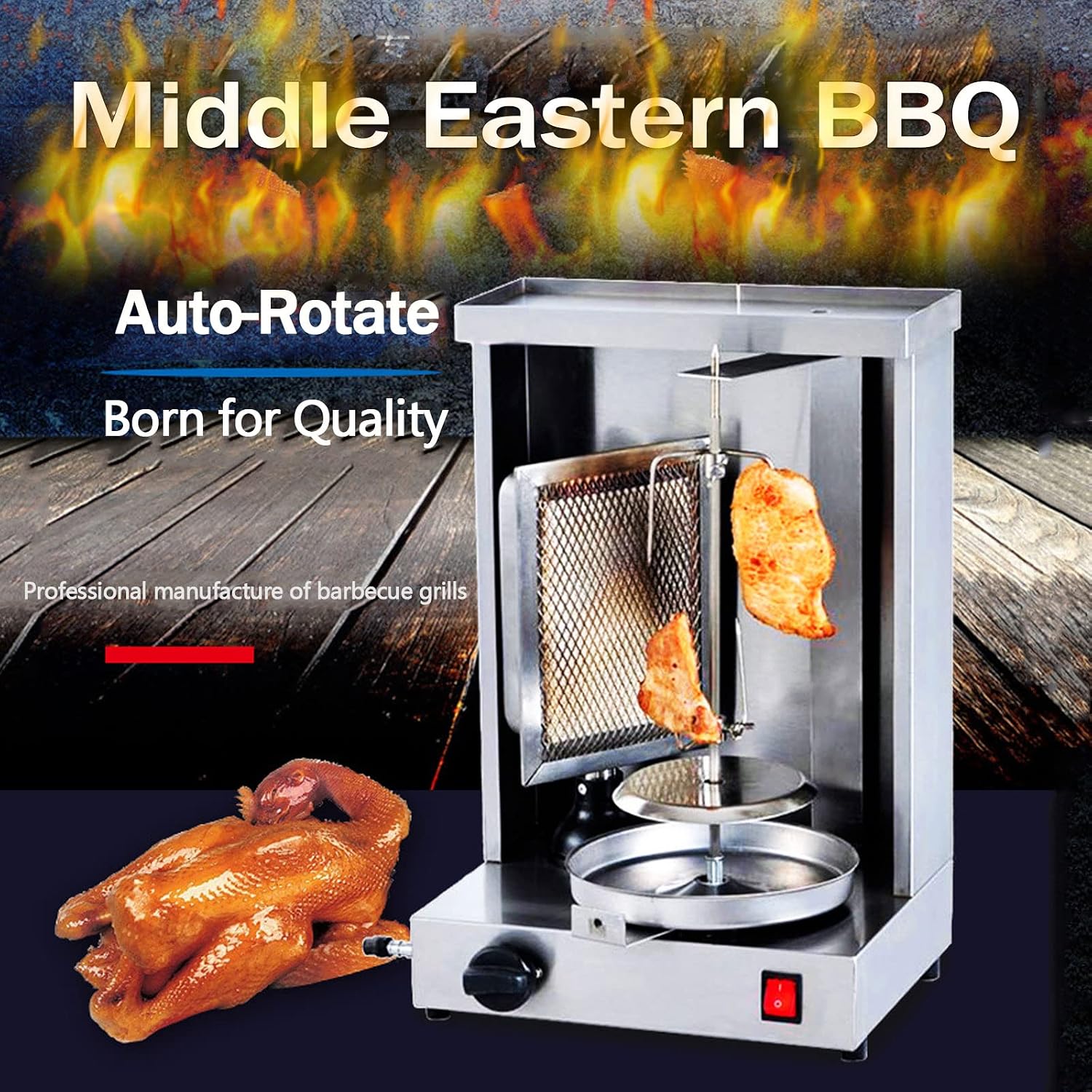 Barbecue Grill Professional Vertical Rotisserie Toaster Oven, Gas Kebab Grill Gyro Chicken Machine with Rotation Automatic for Home Rotating Grill, Kebab Skewers, Stainless Steel