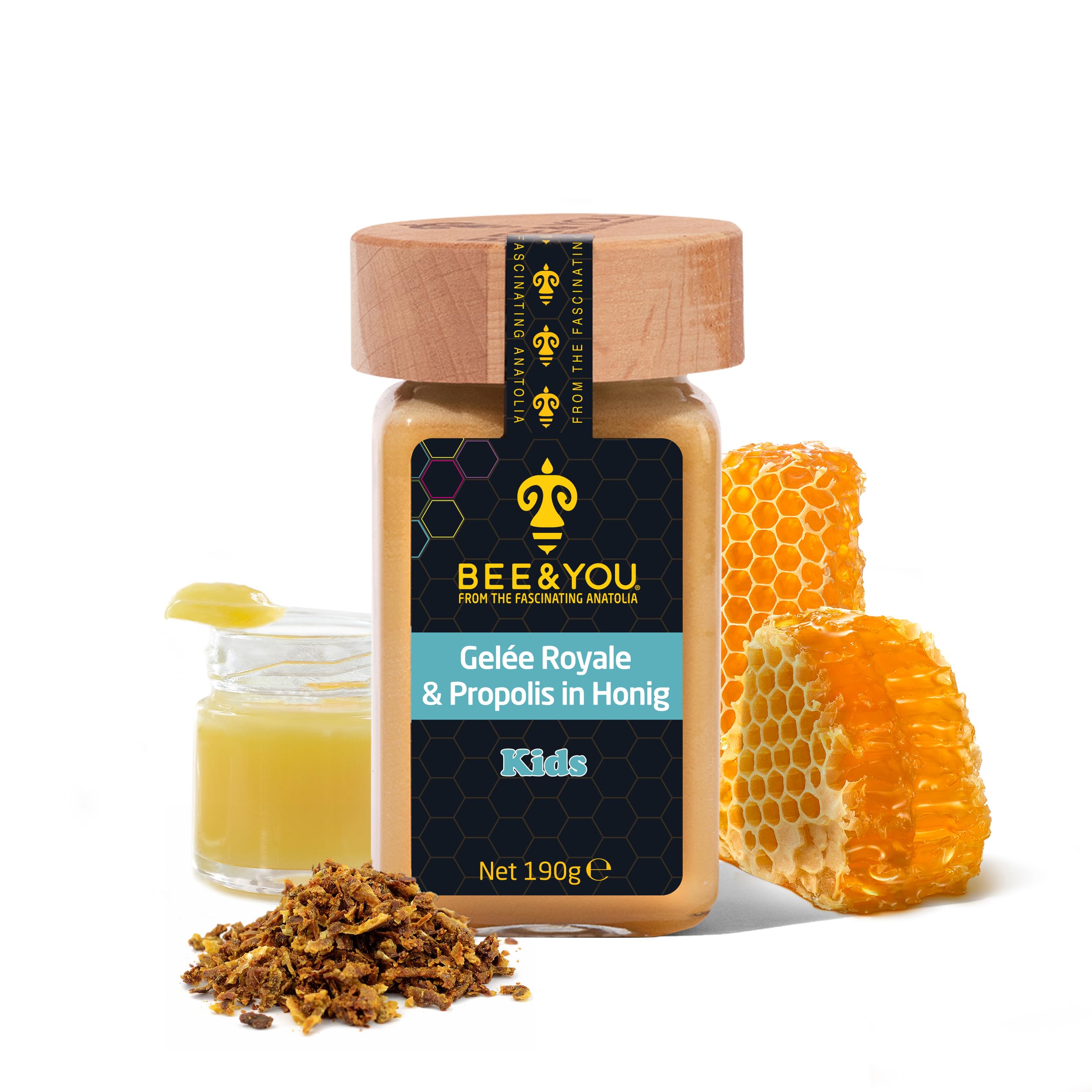 Bee&You Gelee Royale&Propolis in Honig für Kinder,100% natürlich, ohne Zusatzstoffe,Roher Honig,fairer Handel,natürliche&kontrollierte Zutaten,33 Auszeichnungen, 12 Zertifikate