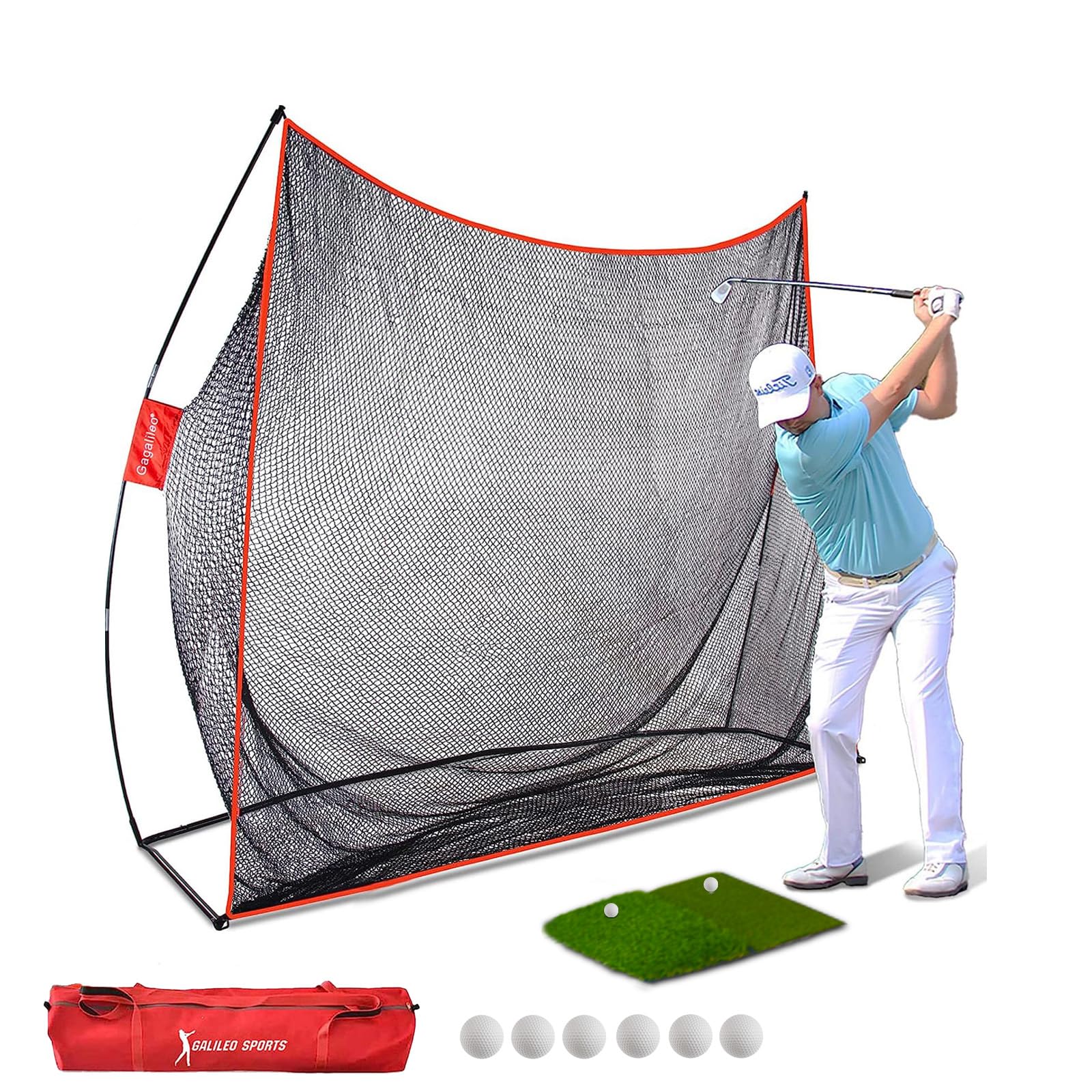 Gagalileo Golf Net Practice Set: 10x7ft Outdoor/Indoor Training Net with Turf Mat/Real Balls/Tees & Hat Perfect for Backyard Garage Beginners