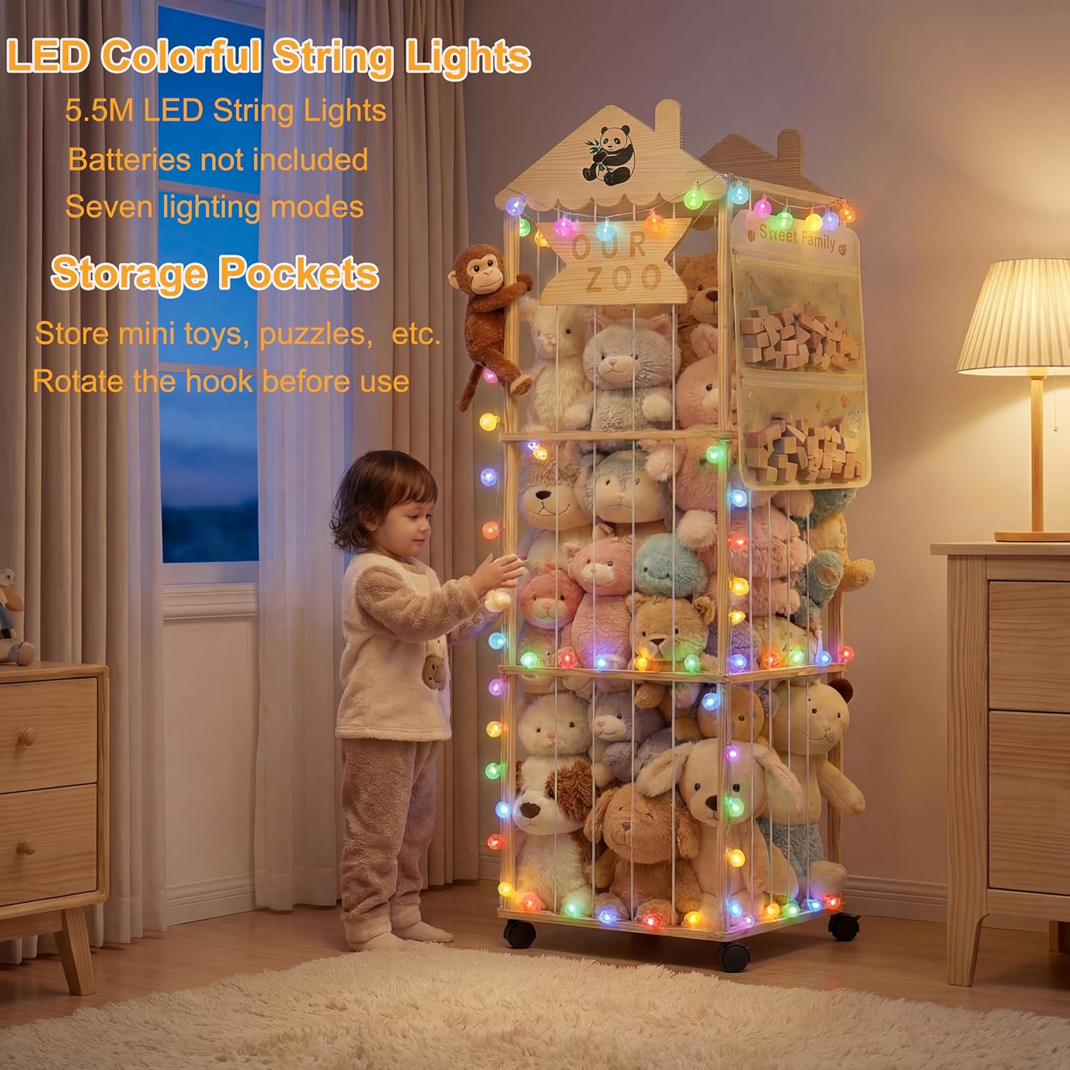 Stuffed Animal Storage Tower, Extra Large Stuffed Animal Organizer with Wheels, Wooden Tall Animal Zoo Display, Plushies Toy Holder with Lights and Pockets for Nursery, Playroom, Bedroom