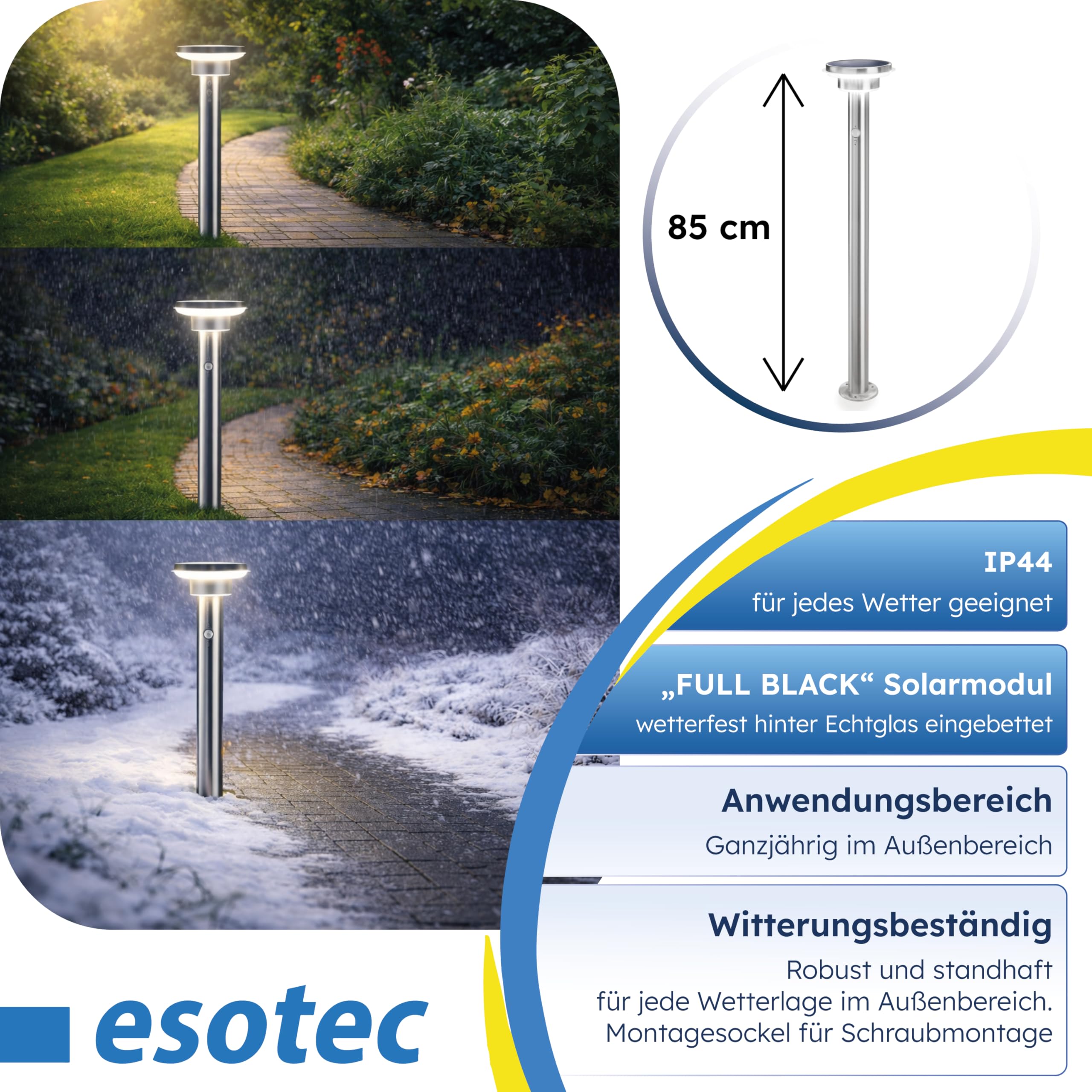 esotec Solarlampen für außen mit Bewegungsmelder, Solarleuchten Garten, Solar Wegeleuchten für außen, Gartenbeleuchtung Solar Außen H=85cm 600lm 102597