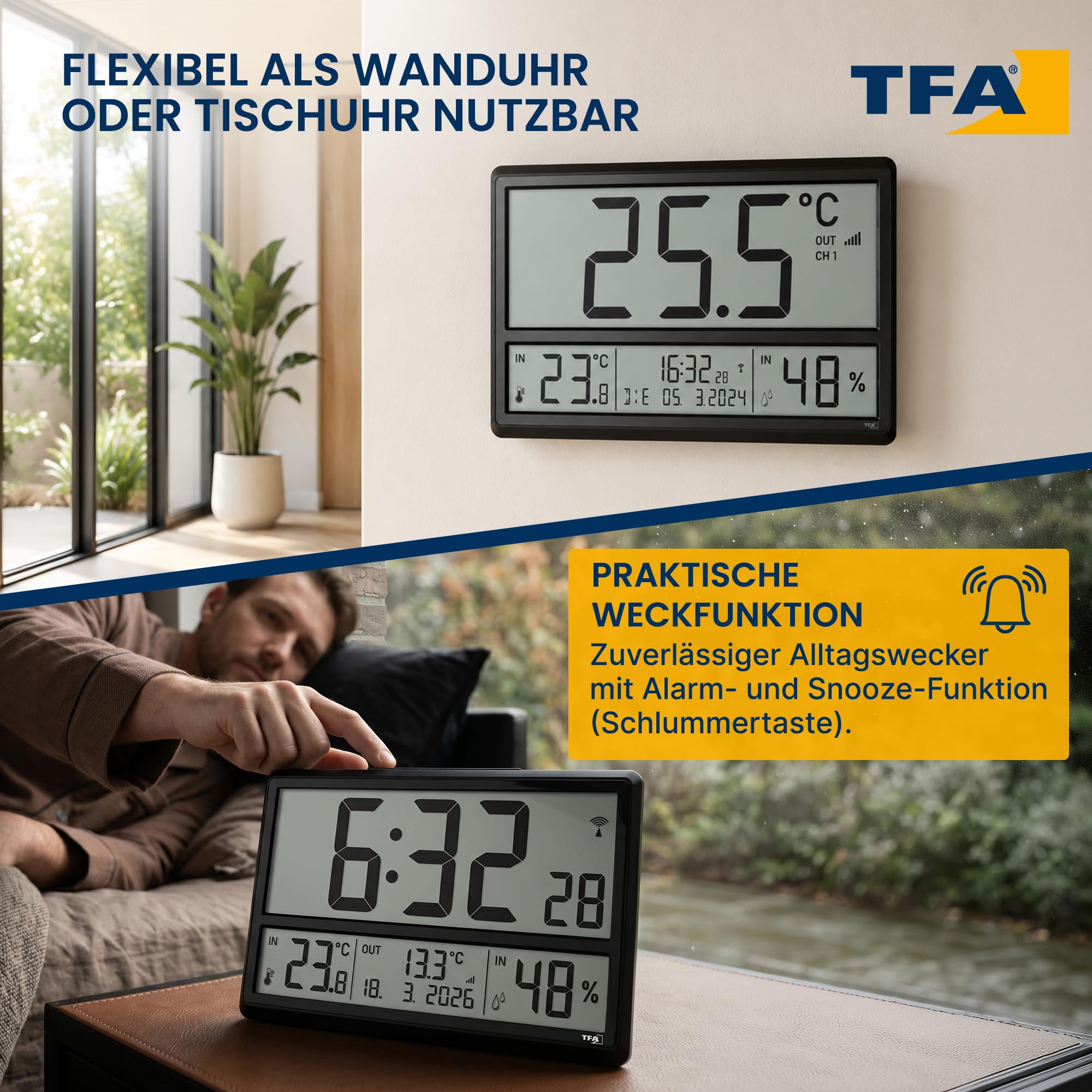 TFA Dostmann Digitale XL Wanduhr, 60.4523.01, mit Außentemperatur und Raumklima, Funkuhr, 24h Anzeige, vollständiges Datum, schwarz, (L) 360 x (B) 235 x (H) 28 (84) mm