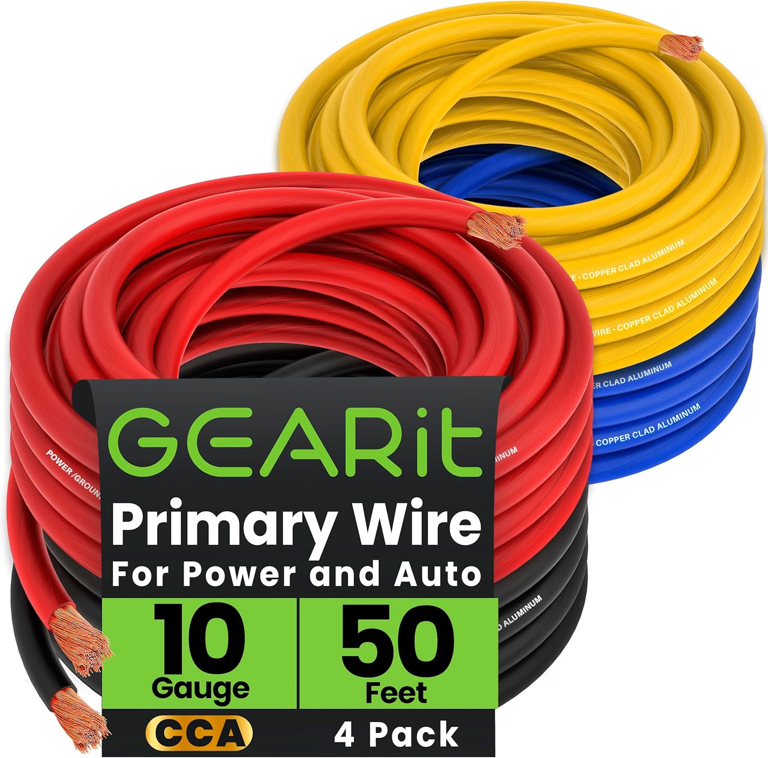 GEARit 10 Gauge Wire CCA 50 Ft Each-Black/Red/Blue/Yellow(200 Feet Total) 10 AWG Ground Power Wire Battery Cable for Automotive,Car Audio Speaker,Welding,Lighting,Trailer Harness,Electrical