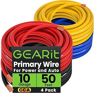 GEARit 10 Gauge Wire (50ft Each- Black/Red/Blue/Yellow) Copper Clad Aluminum CCA - Primary Automotive Power/Ground Battery Cable, Car Audio, Trailer Harness, Electrical - 200 Feet Total 10ga AWG Wire