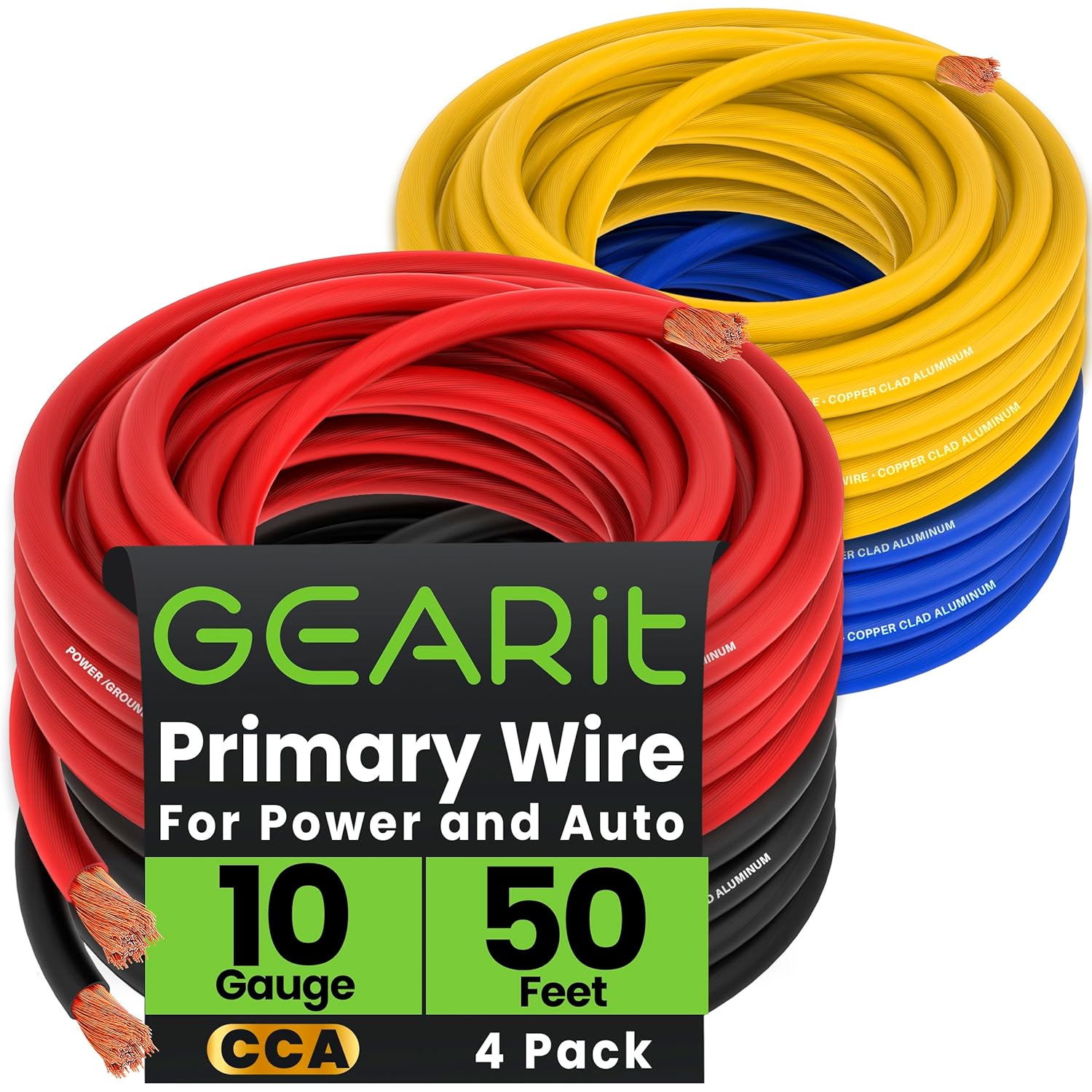 GEARit 10 Gauge Wire (50ft Each- Black/Red/Blue/Yellow) Copper Clad Aluminum CCA - Primary Automotive Power/Ground Battery Cable, Car Audio, Trailer Harness, Electrical - 200 Feet Total 10ga AWG Wire