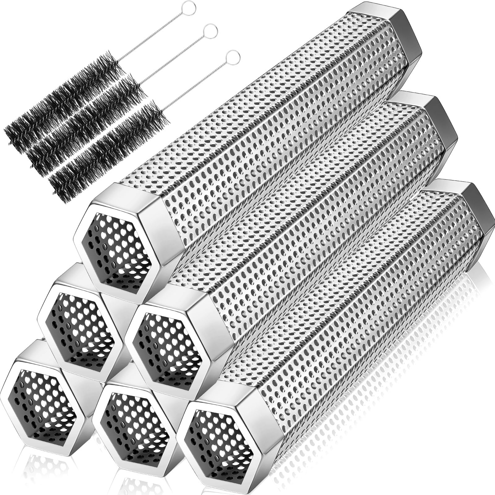 Paquete de 6 tubos de ahumador de pellets de 12 pulgadas para parrilla de pellets de acero inoxidable para ahumar en caliente o frío con 3 cepillos portátiles para barbacoa a gas