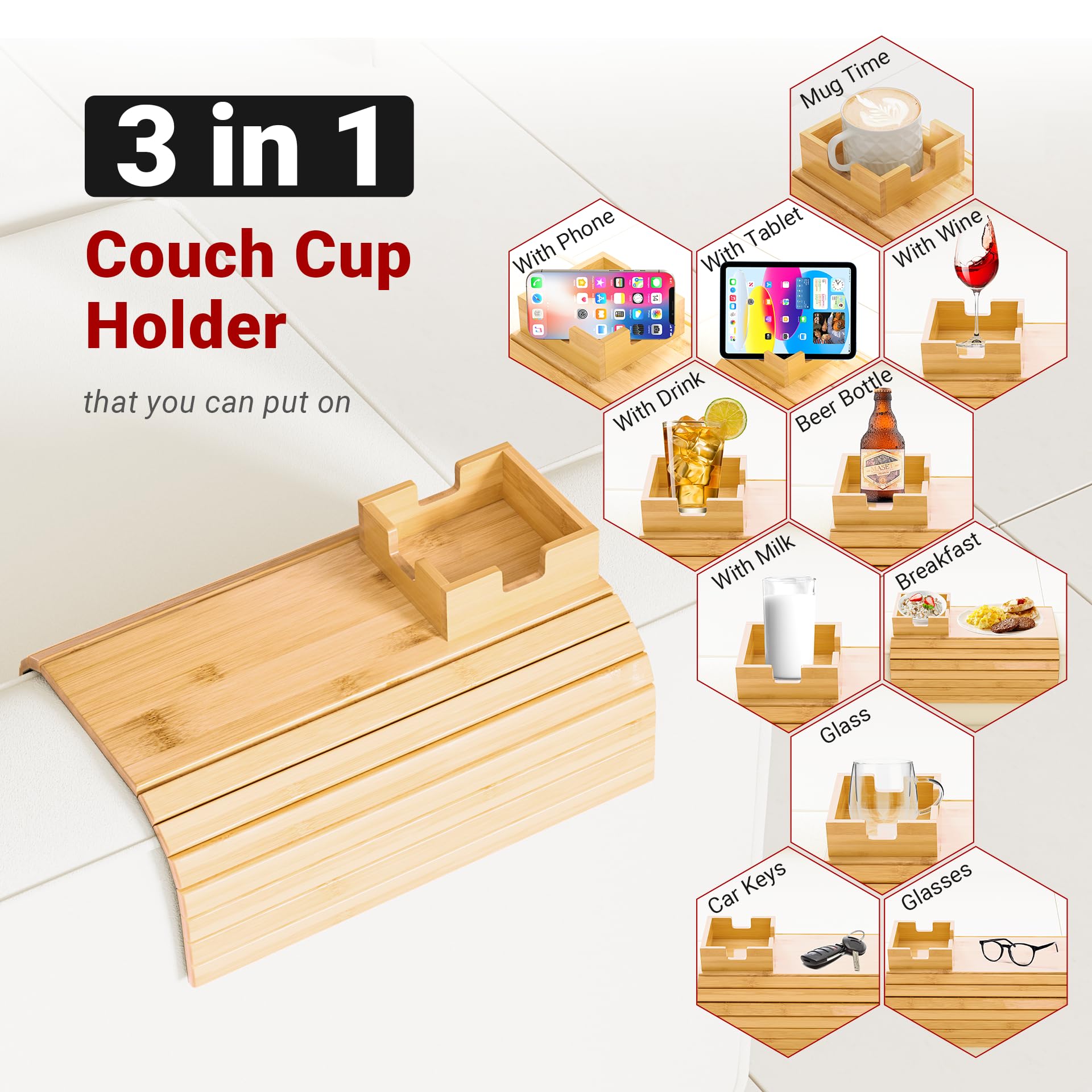 Couch Cup Holder, Bamboo Couch Arm Tray & Cup Holder for Drink & Snack, Versatile Drink Holder & Sofa Arm Tray with Cup Holder - Sofa Table, Recliner, or Loveseat