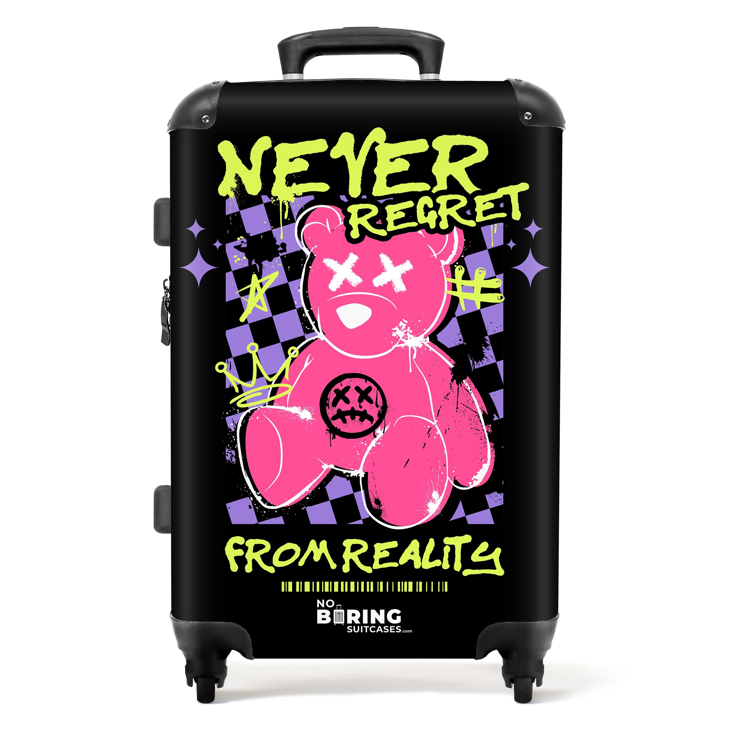 NoBoringSuitcases.com Valigia, Valigia Grande, Trolley Medio, Serratura TSA, Valigia Media, Valigia 20 kg, Valigia Grande 23 kg (67cm - 72L), (Never Regret e Orsetto di peluche rosa - Nero)