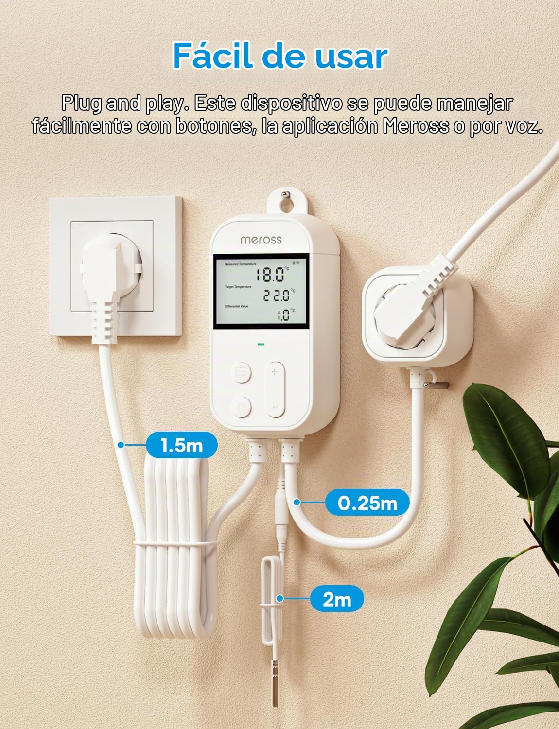 Meross Inteligente Enchufe Termostato con Sonda, 16A WiFi Controlador de Temperatura Digital para Acuarios, Incubación, Plantas de Invernadero, Compatible con Apple HomeKit, Alexa y Google Home
