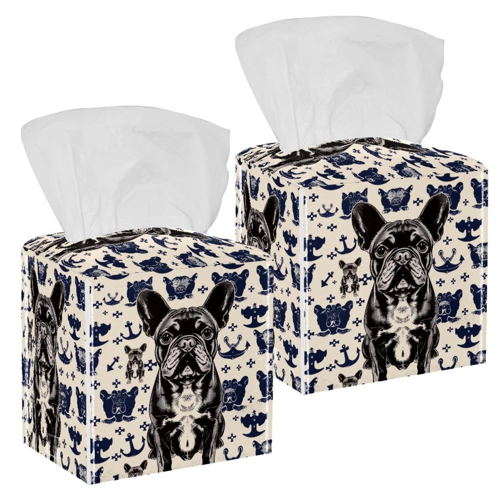 Bulldog Anchor Tissue Box Cover, 2 Pack PU Leather Square Facial Tissue Dispenser Box holder for Home Office Car