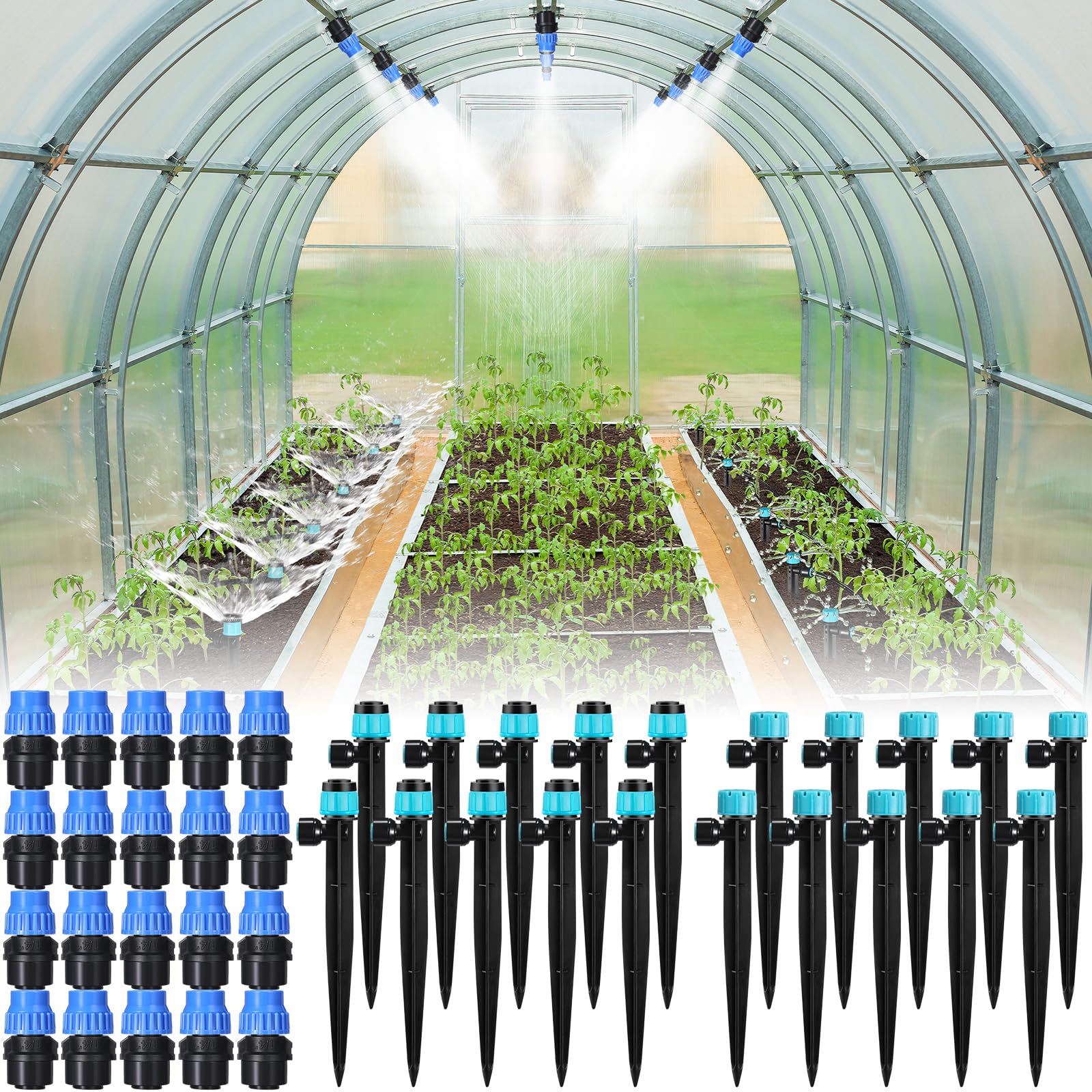 Glooglitter 40 Pcs Fast Connect Drip Irrigation Emitters Kit Include 20 Mist Nozzles, 10 Drip Emitters and 10 Dripper Sprayers for 1/4" Garden Watering Tubing