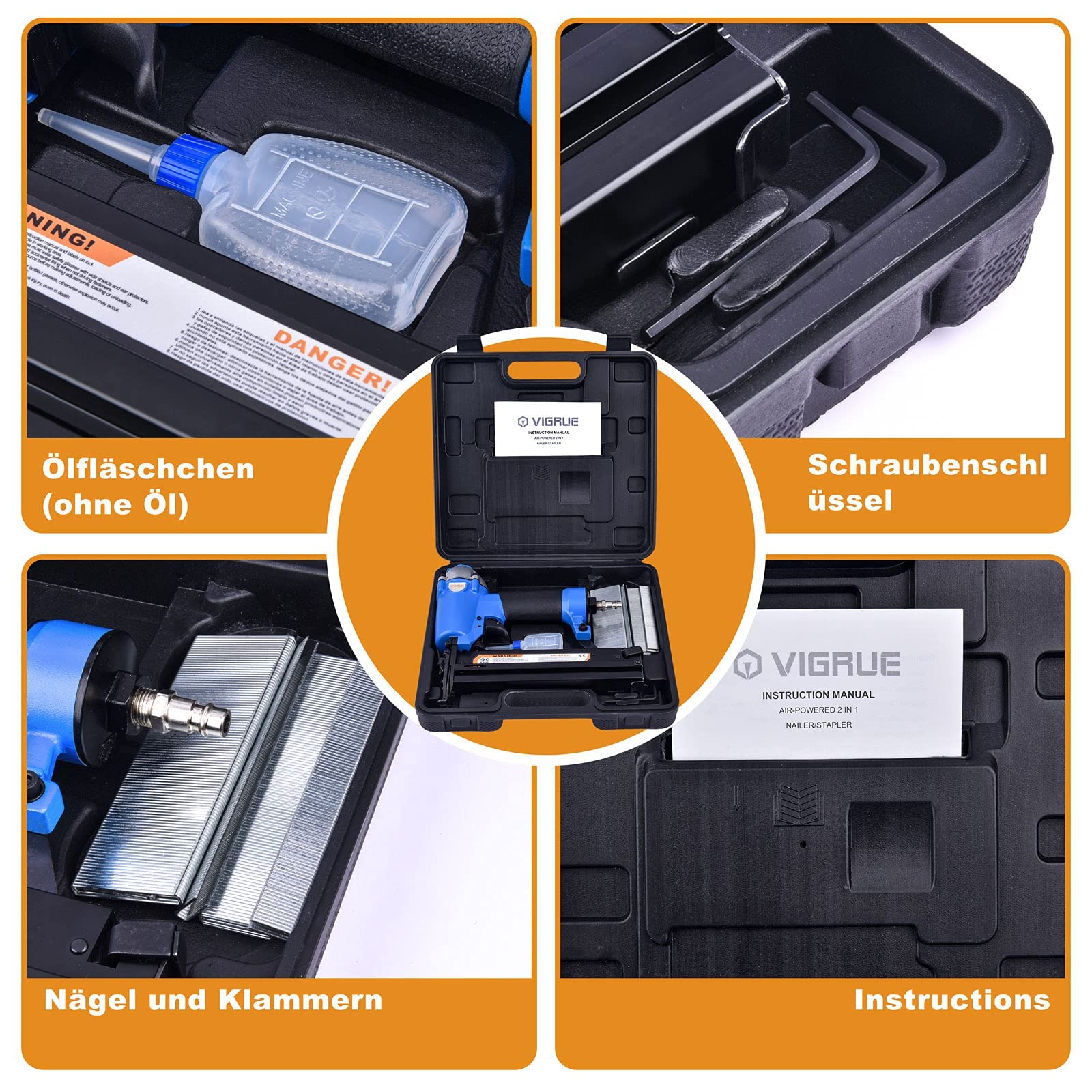 VIGRUE Ultimo stile chiodatrice ad aria compressa F50/9040, morsetto 2 in 1 e pistola per unghie (chiodi fino a 50 mm, morsetti fino a 40 mm) con set di accessori