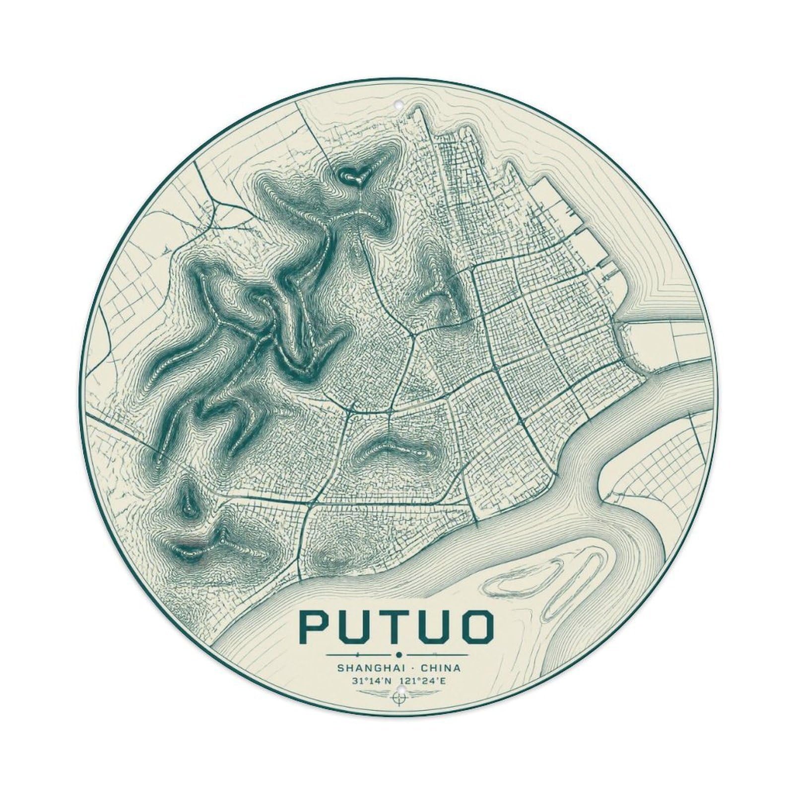 Okngb Style Putuo District Shanghai Monochrome Route Retro Lines Metal Tin Sign Plaque Wall Decor For Cafe, Man Cave, Club Bar, Office, Home Garden Round Metal Poster 8X8inch