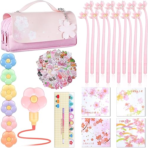 Juego de papelería Kawaii de 384 piezas con diseño de flor de cerezo, incluye bolsa japonesa Kawaii para lápices de flores, bolígrafo colorido, bloc