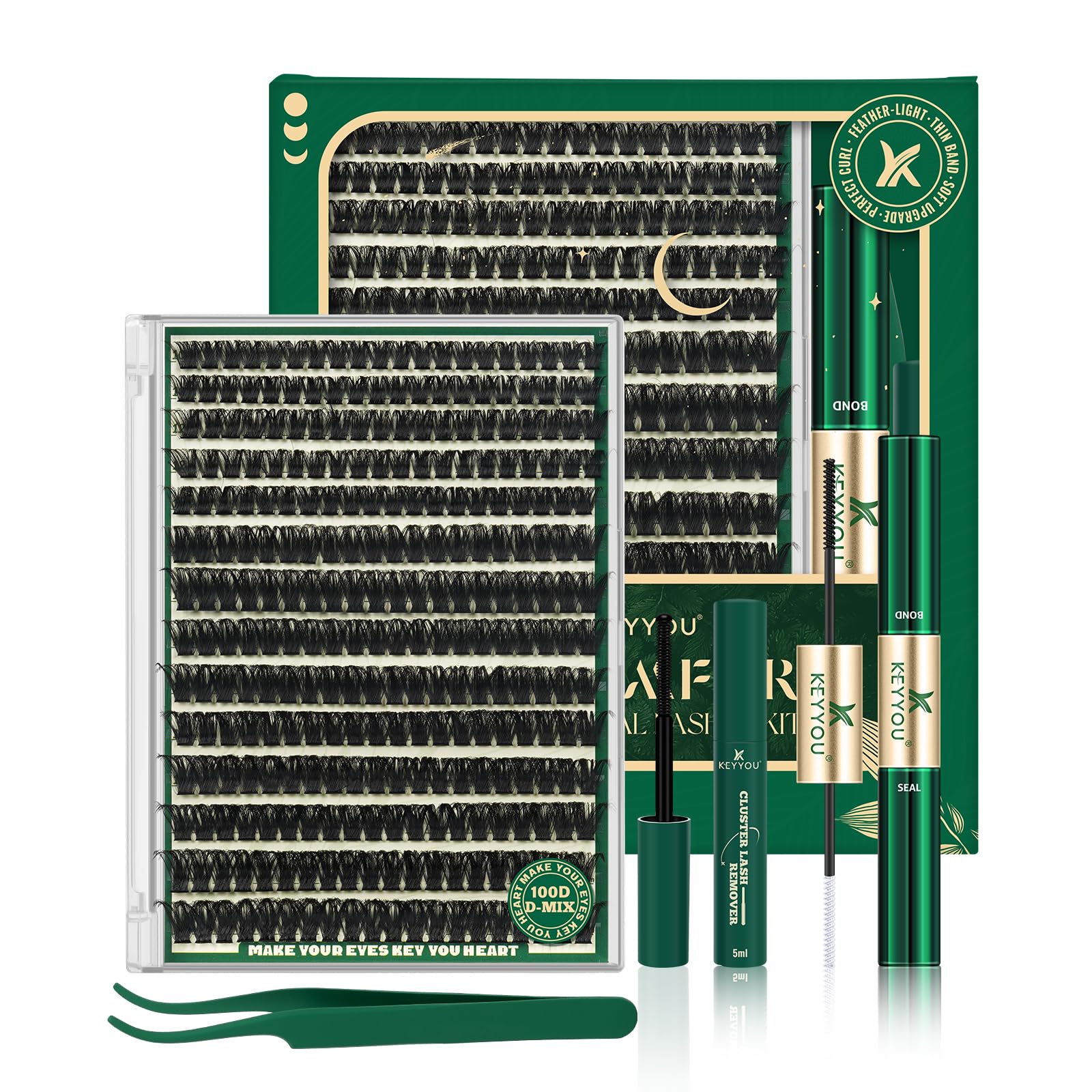 KEYYOU DIY Lash Extension Kit - 280pcs Soft Clusters - 100D Curl - Easy to Apply with Bond, Seal & Remover - At Home