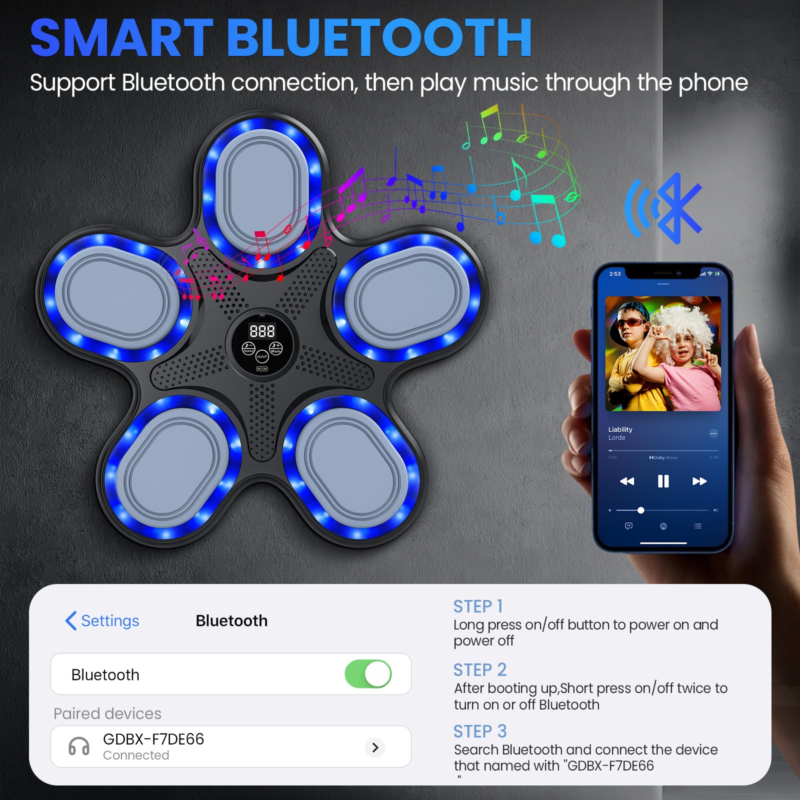 Music Boxing Machine Für Kinder - LED Licht, Bluetooth, 5 Geschwindigkeiten, Mit Boxhandschuhen