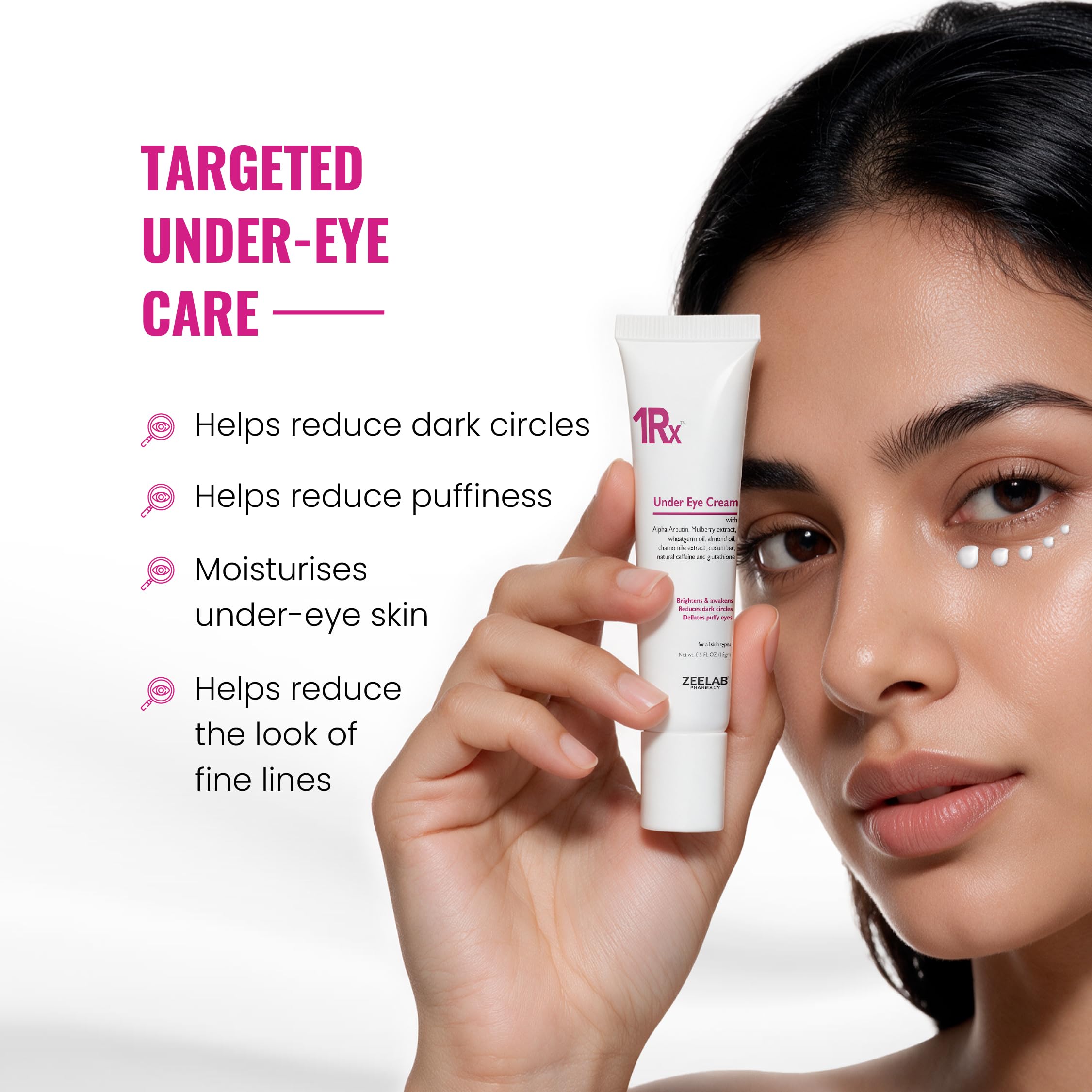 1RX Under Eye Cream with Alpha Arbutin, Natural Caffeine, Glutathione, Mulberry Extract, Almond Oil, Wheat Germ Oil, Chamomile & Cucumber Extract | Helps Reduce Dark Circles & Puffiness | 20g — Amazon image 3