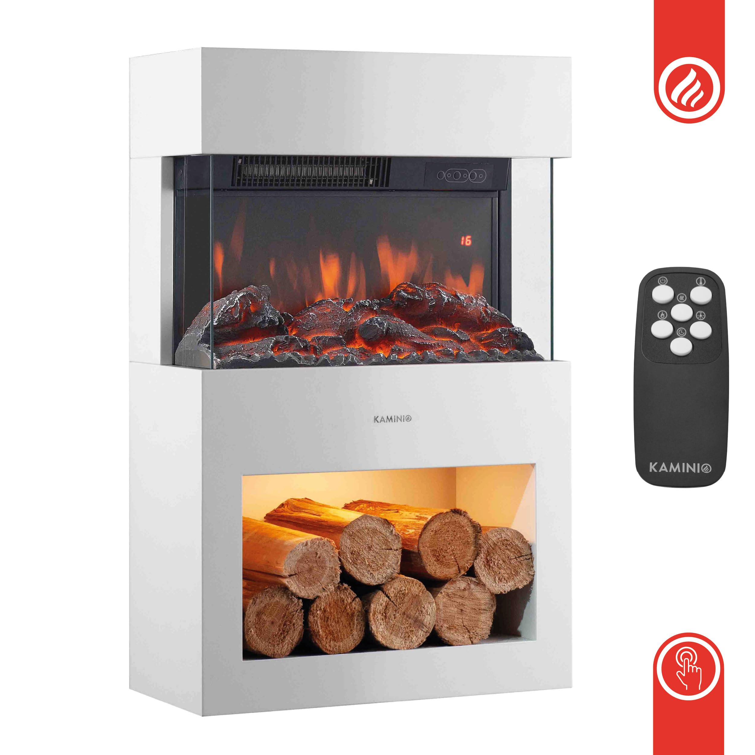 KAMINIO Camino elettrico HENRI - Stufa elettrica con riscaldamento, effetto fiamma 3D, vano portalegna, luce ambiente a LED, telecomando (Bianco)