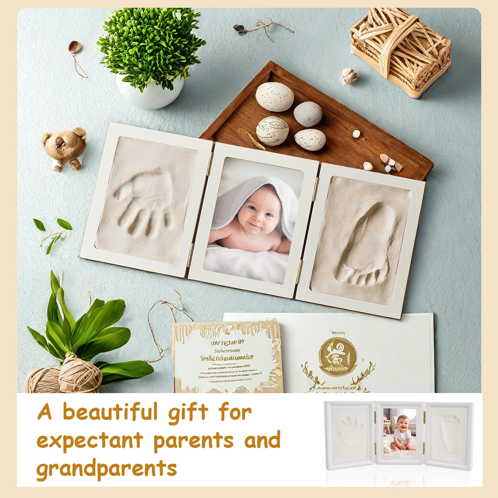 Manos y pies, kit de marco de huella infantil, conjunto de marco de impresión con molde de arcilla, marco de fotos de huella de bebé de madera para niños regalo de recuerdo de recién nacido