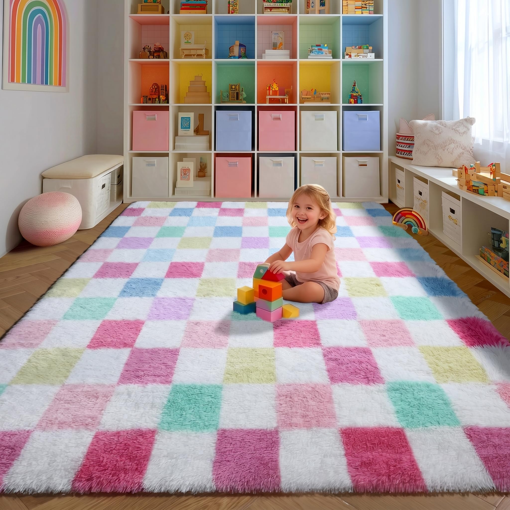 Photo 1 of KICMOR Checkered Rug 8x10 for Living Room, Rainbow Colorful Fluffy Soft Large Area Rug Fuzzy Shag Shaggy Bedroom Carpet, Cute Indoor Plush Rugs for Kids Girls Boys Dorm Nursery Home Decor Aesthetic