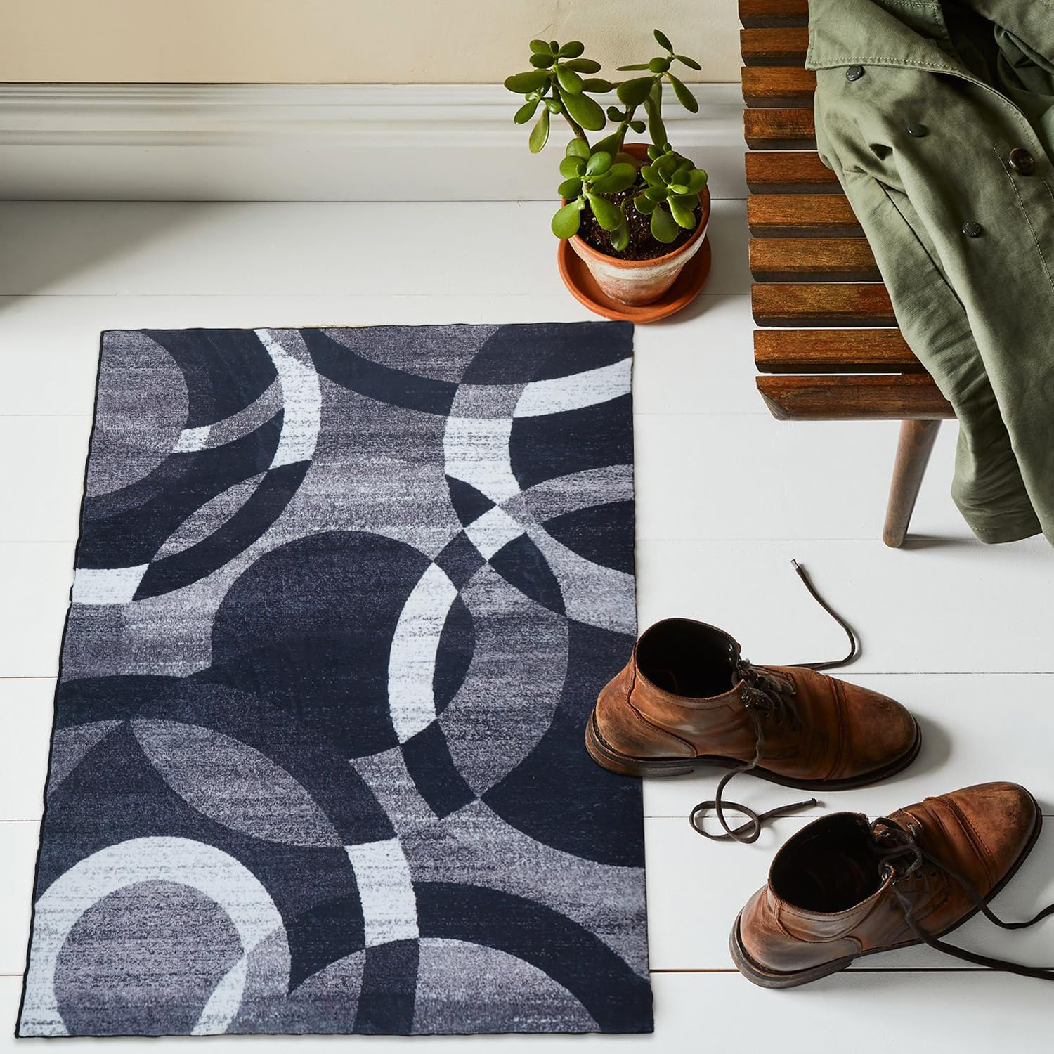YUFANUHO Washable Modern Black White Entryway Rug - 2x3 Feet Soft Faux Wool Small Doormat with Abstract Circles Line Design for Bedroom Bathroom,