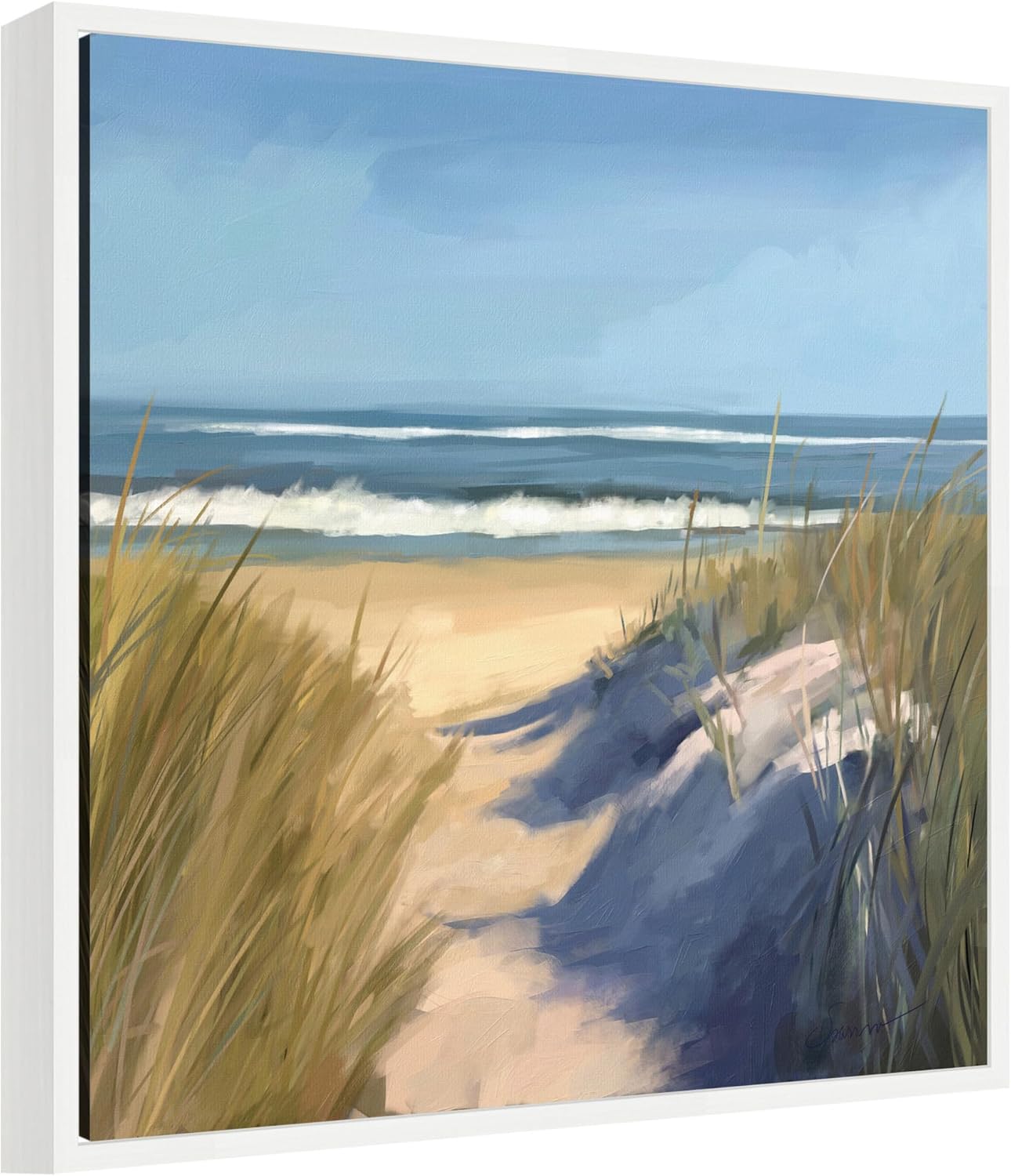 Kate and Laurel Framed Canvas Wall Art Print By The Sea by Mary Sparrow, 22 x 22 Sylvie White Frame, Coastal, Beach Art for Wall Decor