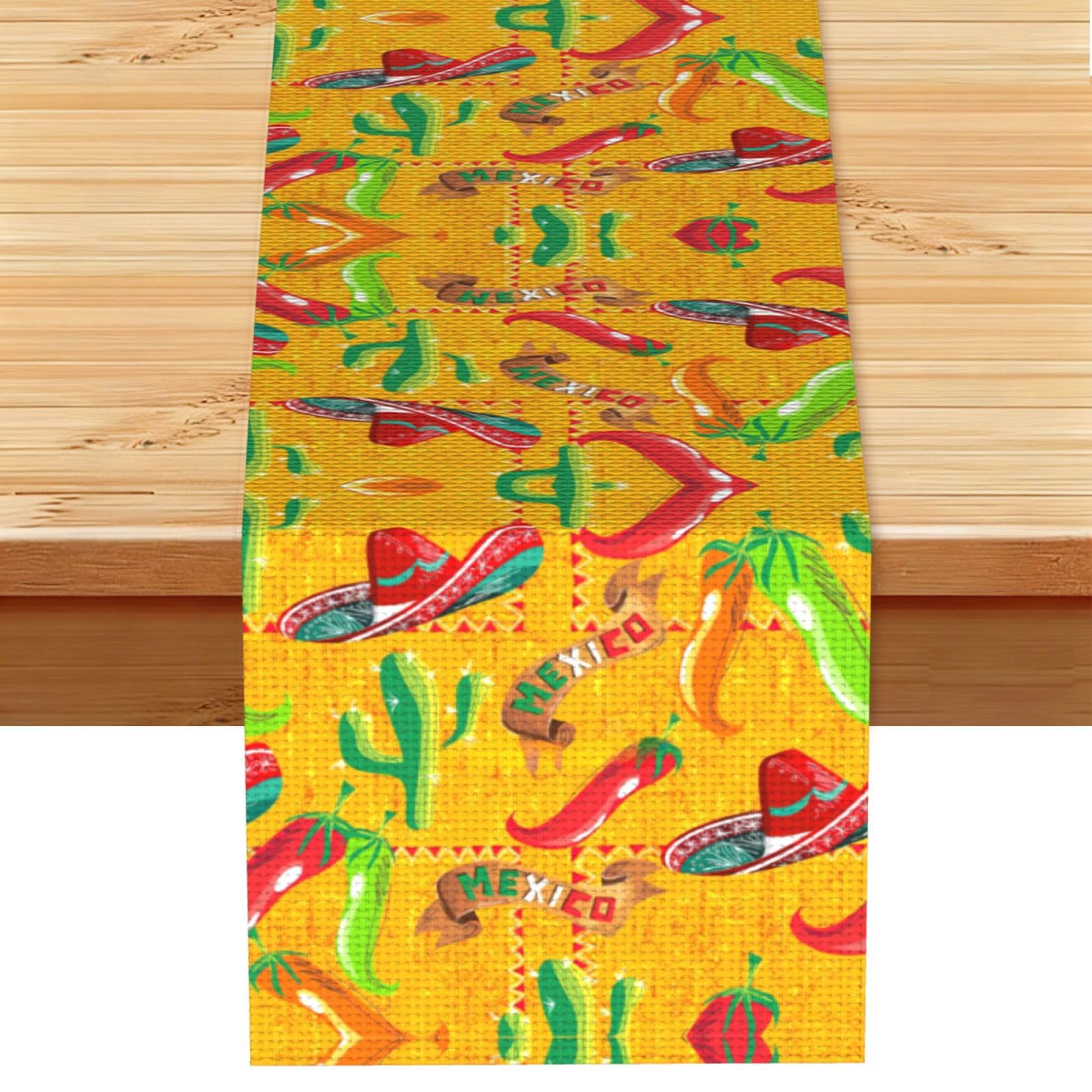 Cactus Hat and Chili Pepper Printed Kitchen Table Runner 13x72, Faux Linen Style Decor for Home Wedding Banquet Fireplace