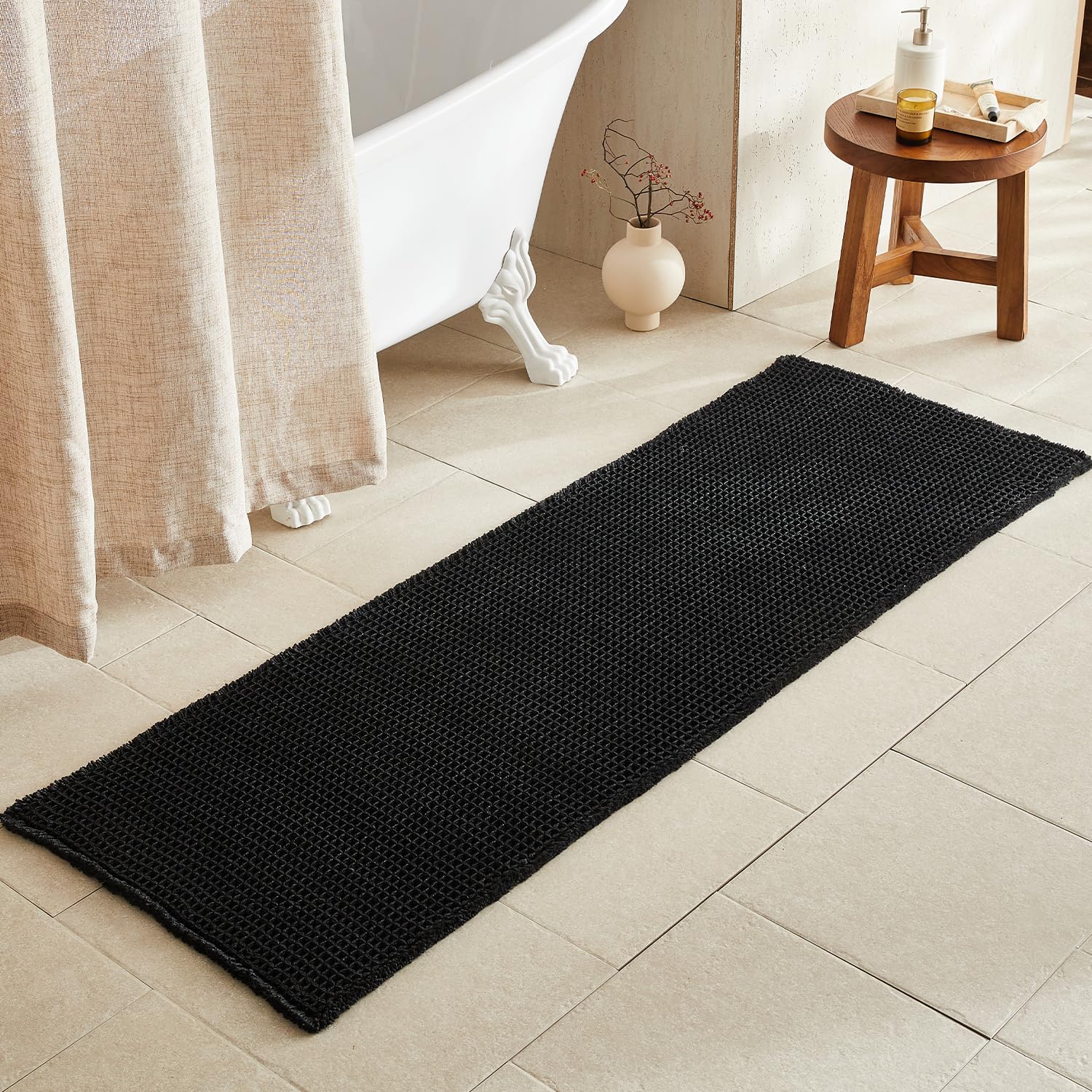 TYUU Black Long Bathroom Rug, Waffle Runner Rug Bathroom Non Slip Washable Super Absorbent Quick Dry Boho Farmhouse Bath Decor, 72"x24" Black