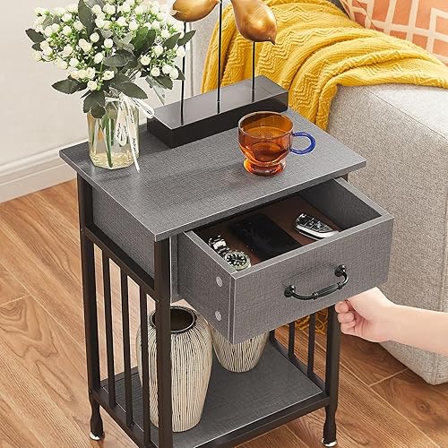 Miniatura 26 de VECELO Mesitas de noche, mesa auxiliar industrial/mesas auxiliares con cajón y estante de almacenamiento, mesitas de noche para dormitorio, sala de