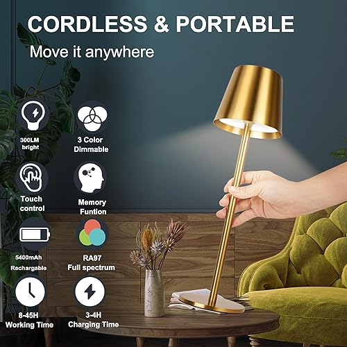 Miniatura 11 de Paquete de 2 lámparas de mesa inalámbricas doradas recargables, lámpara de mesita de noche pequeña de metal con 3 postes ajustables, lámpara táctil