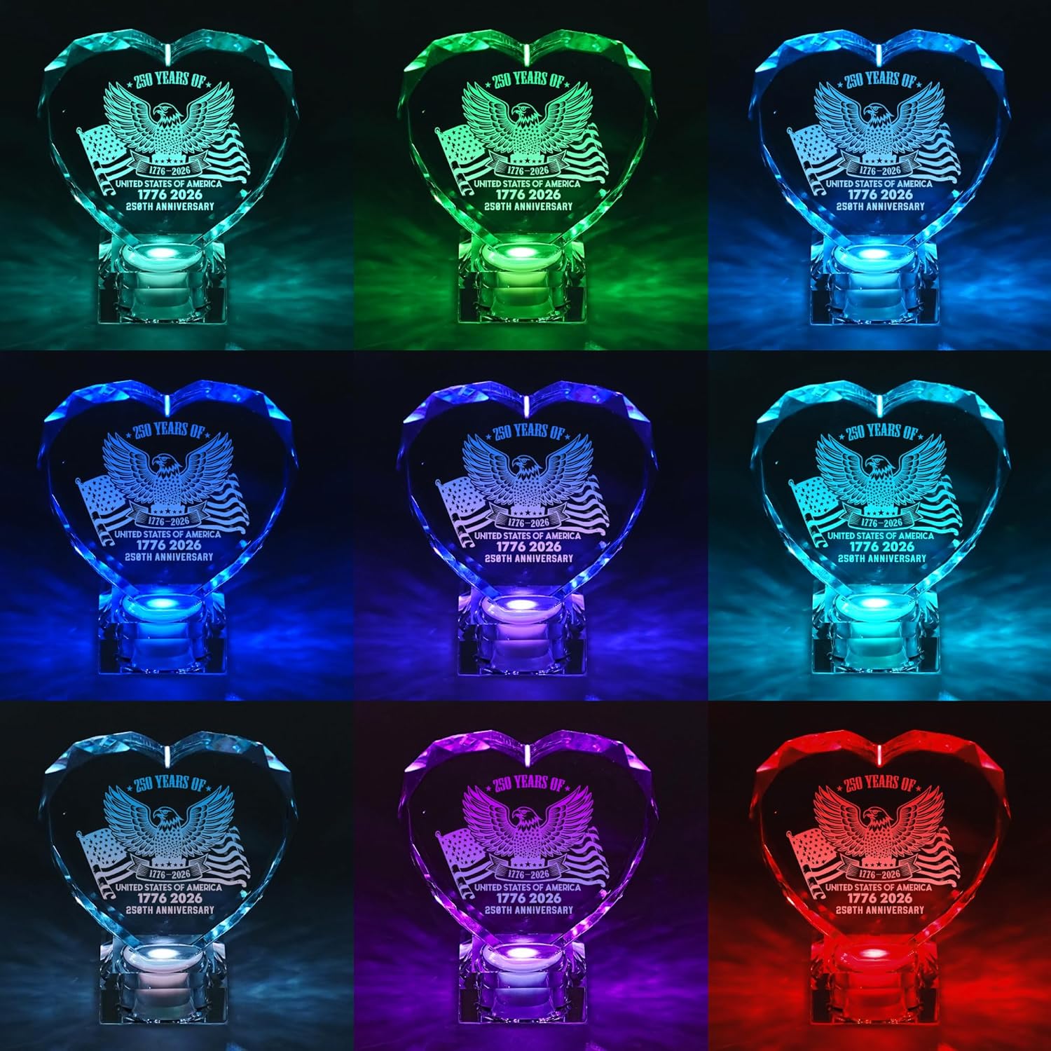 250th Anniversary 1776-2026 Heart Crystal LED Lamp, Engraved Crystal Night Light with Auto Color Changing, USB Powered Desk Decor Lamp for Men Women Veterans History Lovers