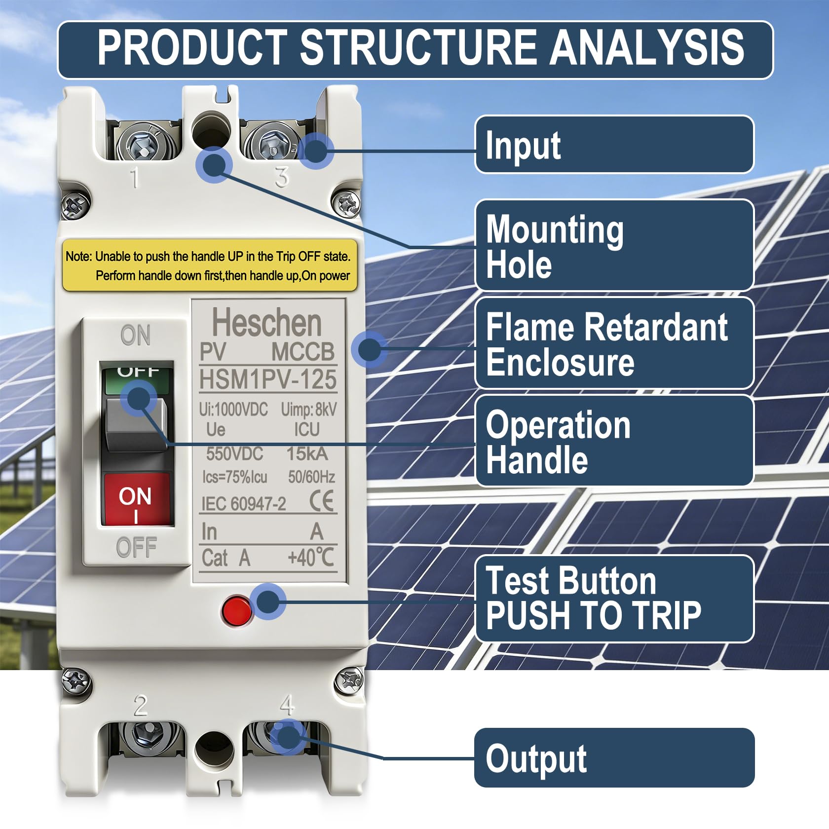 Heschen Interruttore automatico scatolato CC MCCB, 2P, DC550V, interruttore automatico fotovoltaico, per sistema solare fotovoltaico Pannelli solari Sistema di rete (125A, HSM1PV-125)