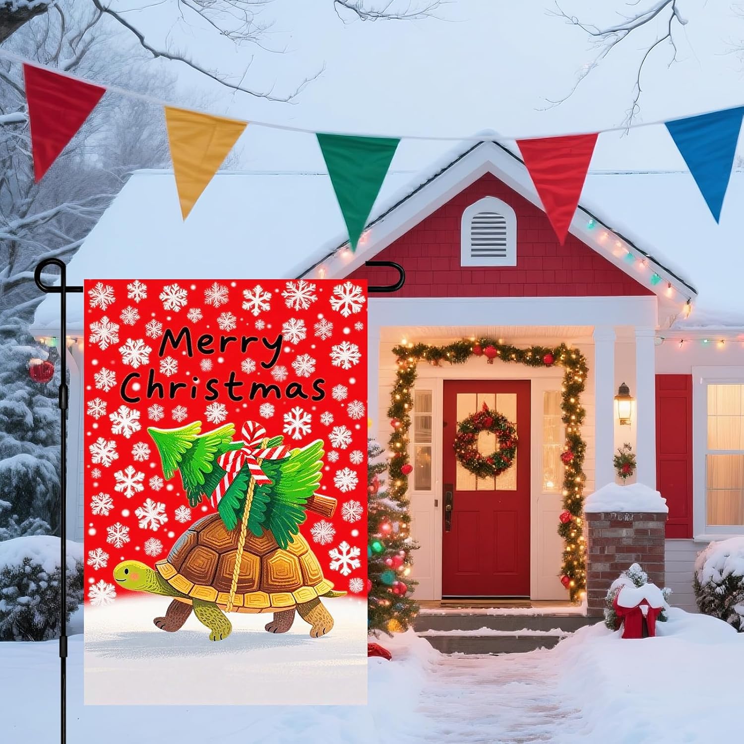 IVN Merry Christmas Turtle Garden Flag 12x18 Inch Double Sided Cute Tortoise Tree Snowflake Winter Outdoor Yard Flag for Home Front Door Lawn Porch Holiday Decor - Image 7