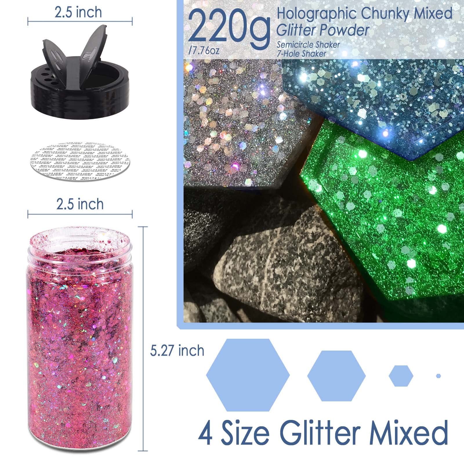Purpurina holográfica gruesa, 220 g, purpurina plateada para manualidades, resina, escamas gruesas, lentejuelas, polvo de purpurina fina, purpurina holográfica a granel para arte de uñas, vaso