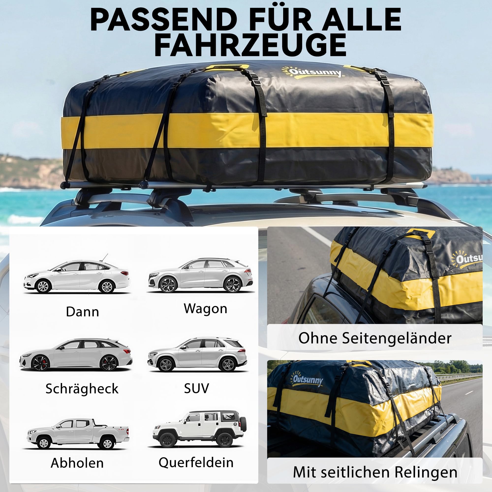 Outsunny Dachbox Auto 425L Wasserdicht 8 Verstärkte Gurte Türhaken Gelb | Dachgepäckträger Tasche, für alle Fahrzeugdächer mit/ohne Gepäckträger, Gepäckbox, Rutsch-Matte