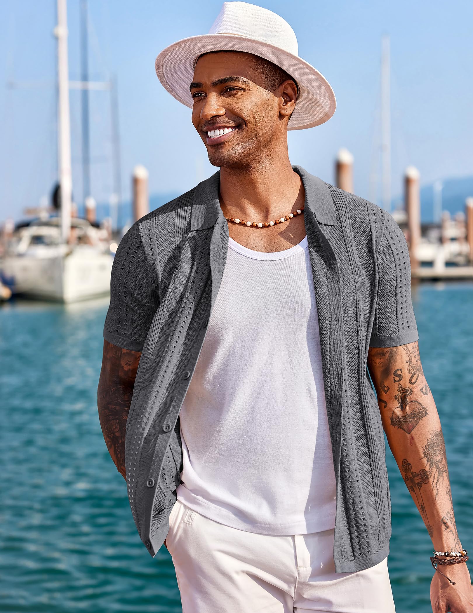 COOFANDY Herren-Strickhemd mit Knopfleiste, kurzärmlig, Poloshirt-Style, modisches Freizeithemd für Sommer und Strand