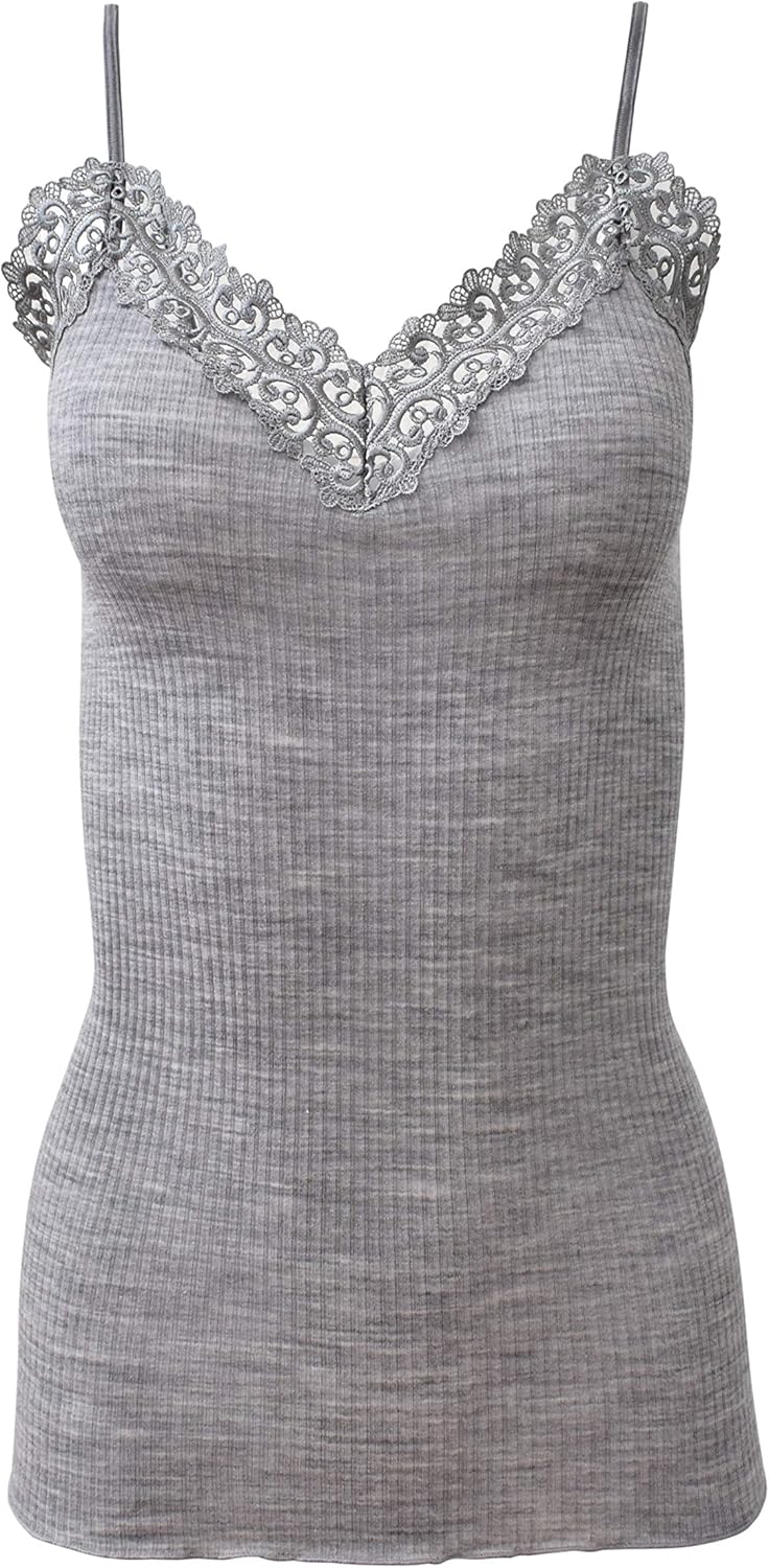 EGI ® Luxury Wool Silk Camisole Spaghetti Straps with Macramé Trim. Proudly Made in Italy.