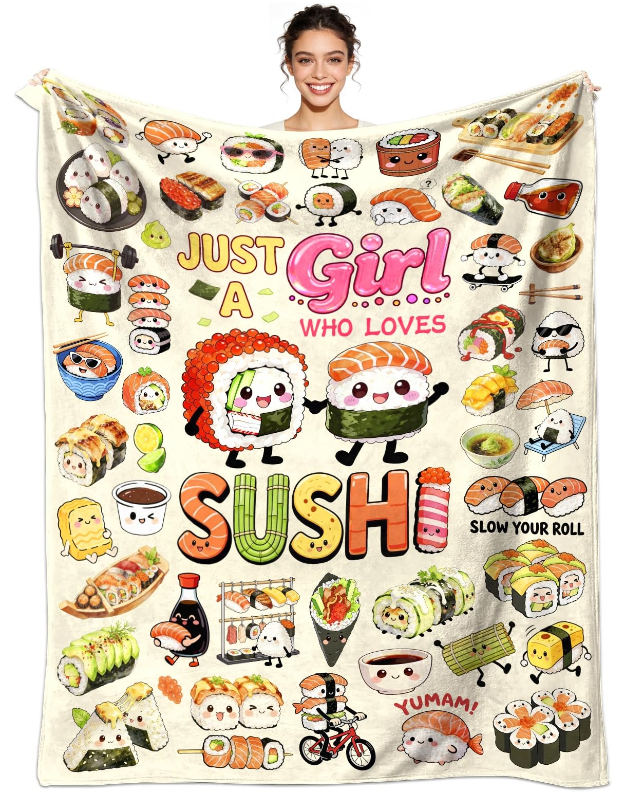 Sushi Blanket Gifts Soft Flannel Sushi Loves Throw Blanket Cute Food Themed Bedding Dceor for Women Girls Kids Adults 50"x40"