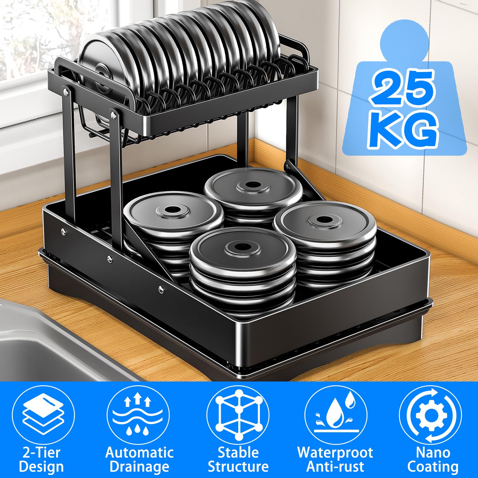 Scolapiatti MAISITOO 2 Ripiani Nero - Acciaio Carbonio, Portaposate, Vaschetta Estraibile