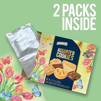 Colombina Assorted Cookies - Spring-Themed Box w/ 3 Types of Sweet Cookies: Vanilla Wafer Cookies, Vanilla and Butter Cookies, and Sandwich Cookies with Vanilla Cream, 14.11oz (400g) (2 packs per bag)